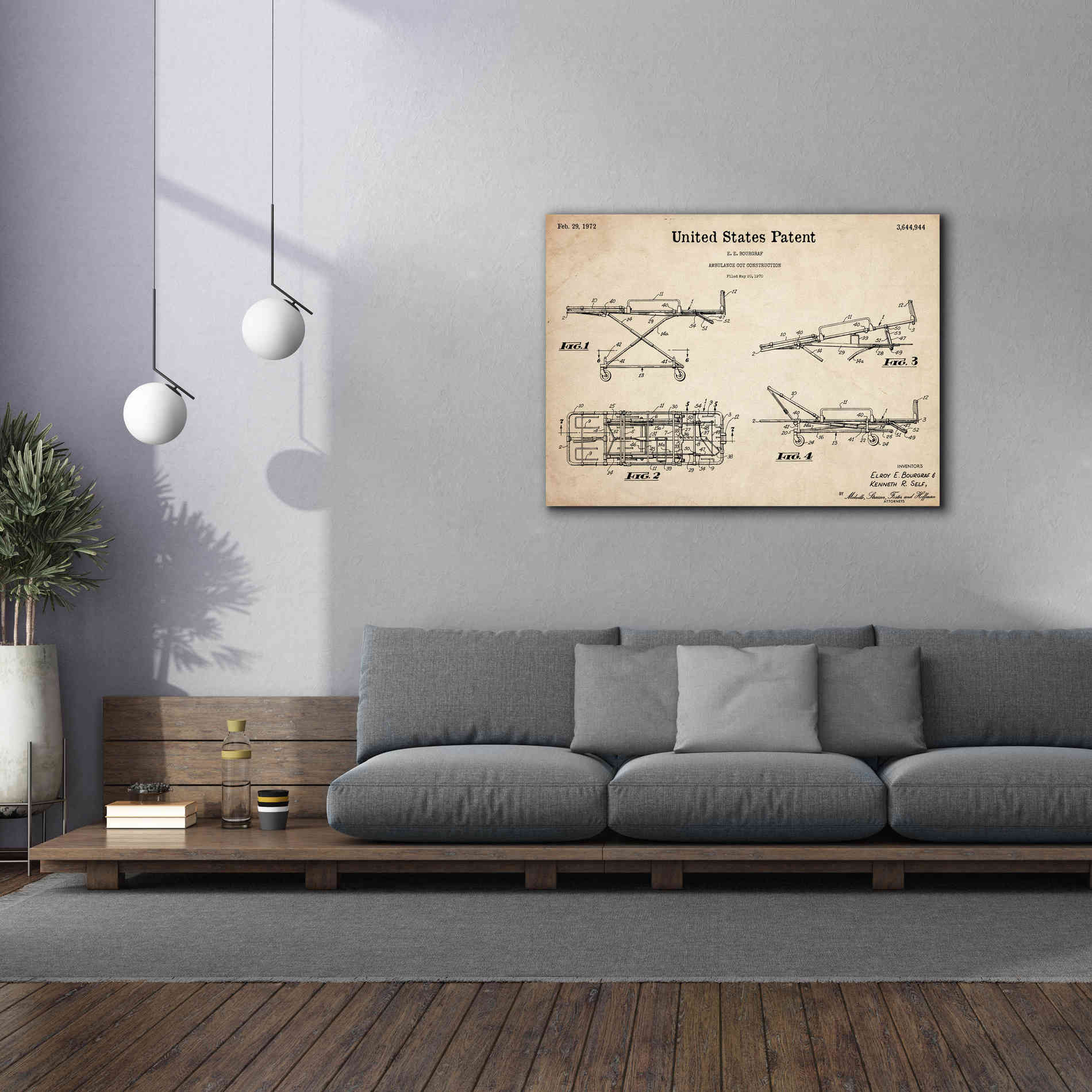 'EMT Stretcher Blueprint Patent Parchment,' Canvas Wall Art,54 x 40