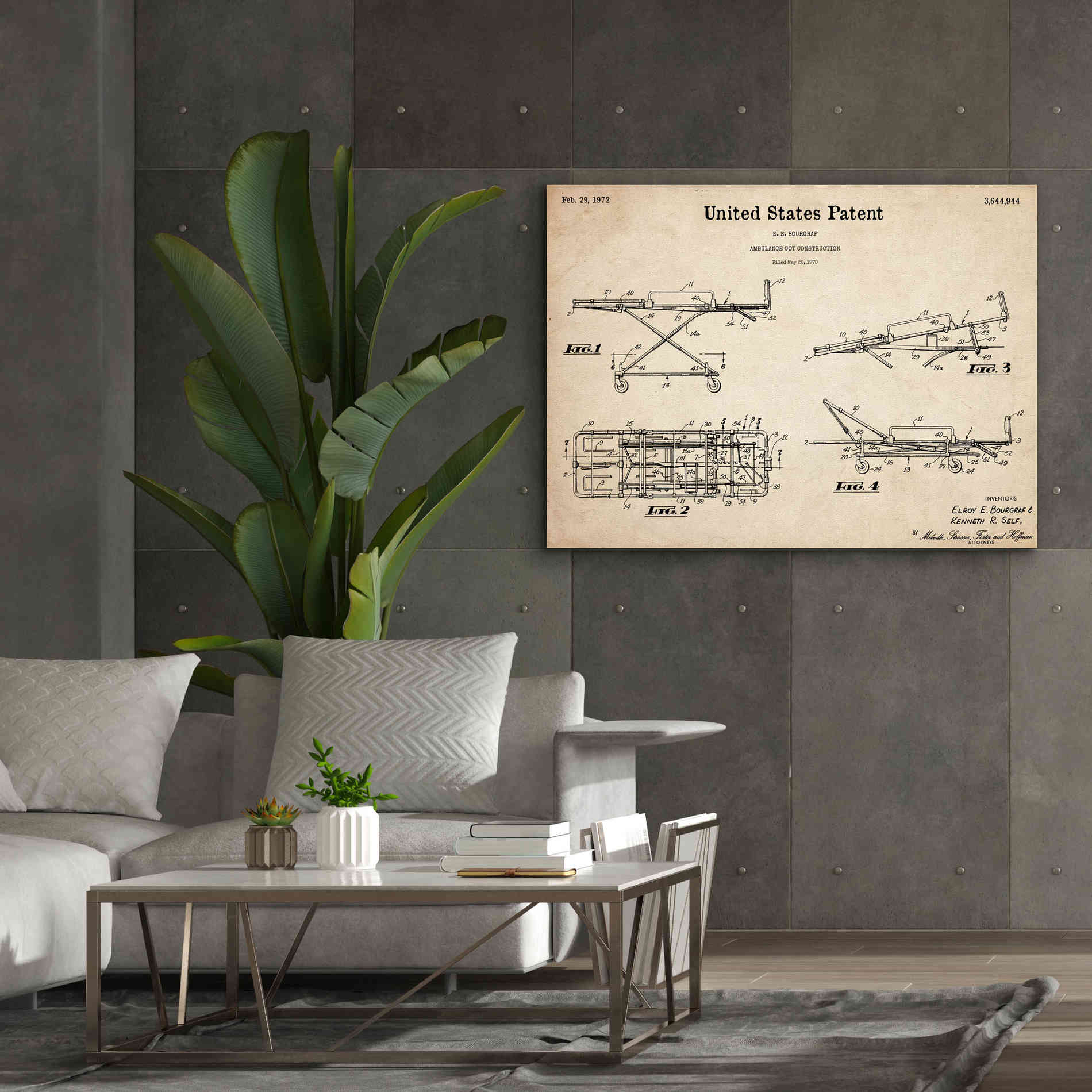 'EMT Stretcher Blueprint Patent Parchment,' Canvas Wall Art,54 x 40