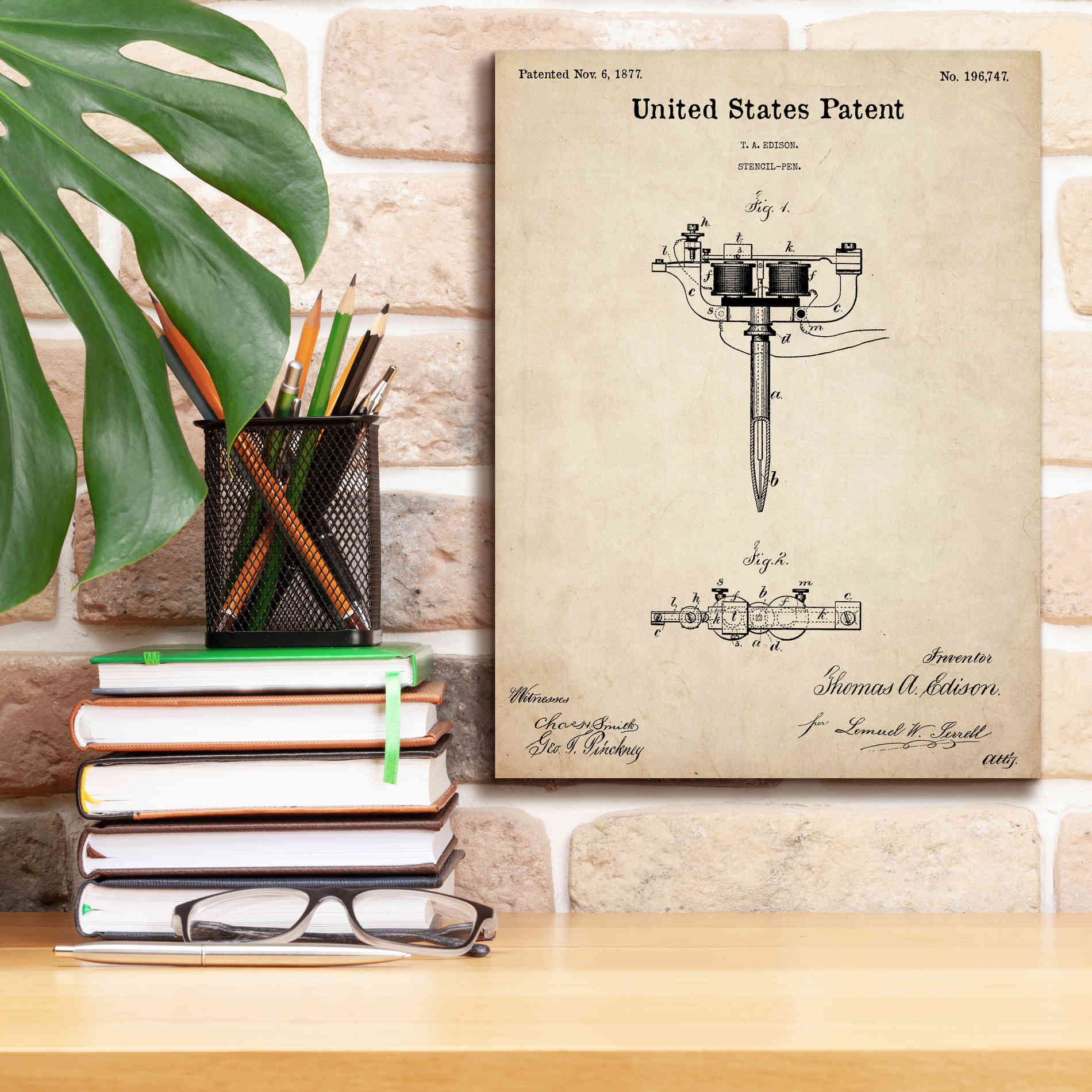 'Tattoo Stencil Pen Blueprint Patent Parchment,' Canvas Wall Art,12 x 16