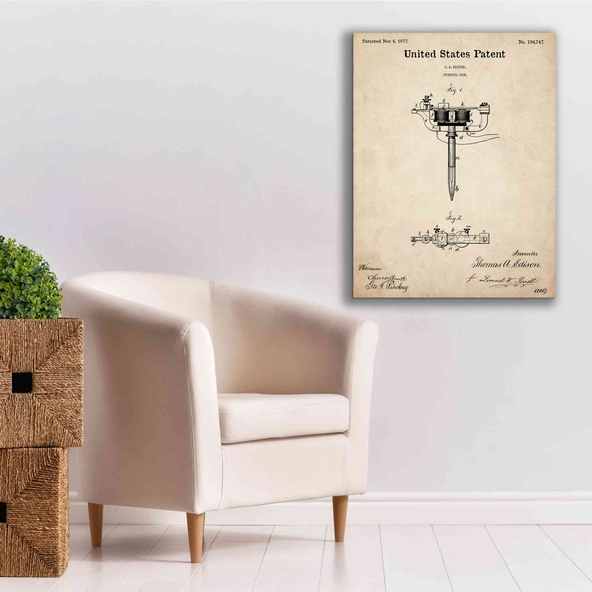 'Tattoo Stencil Pen Blueprint Patent Parchment,' Canvas Wall Art,26 x 34