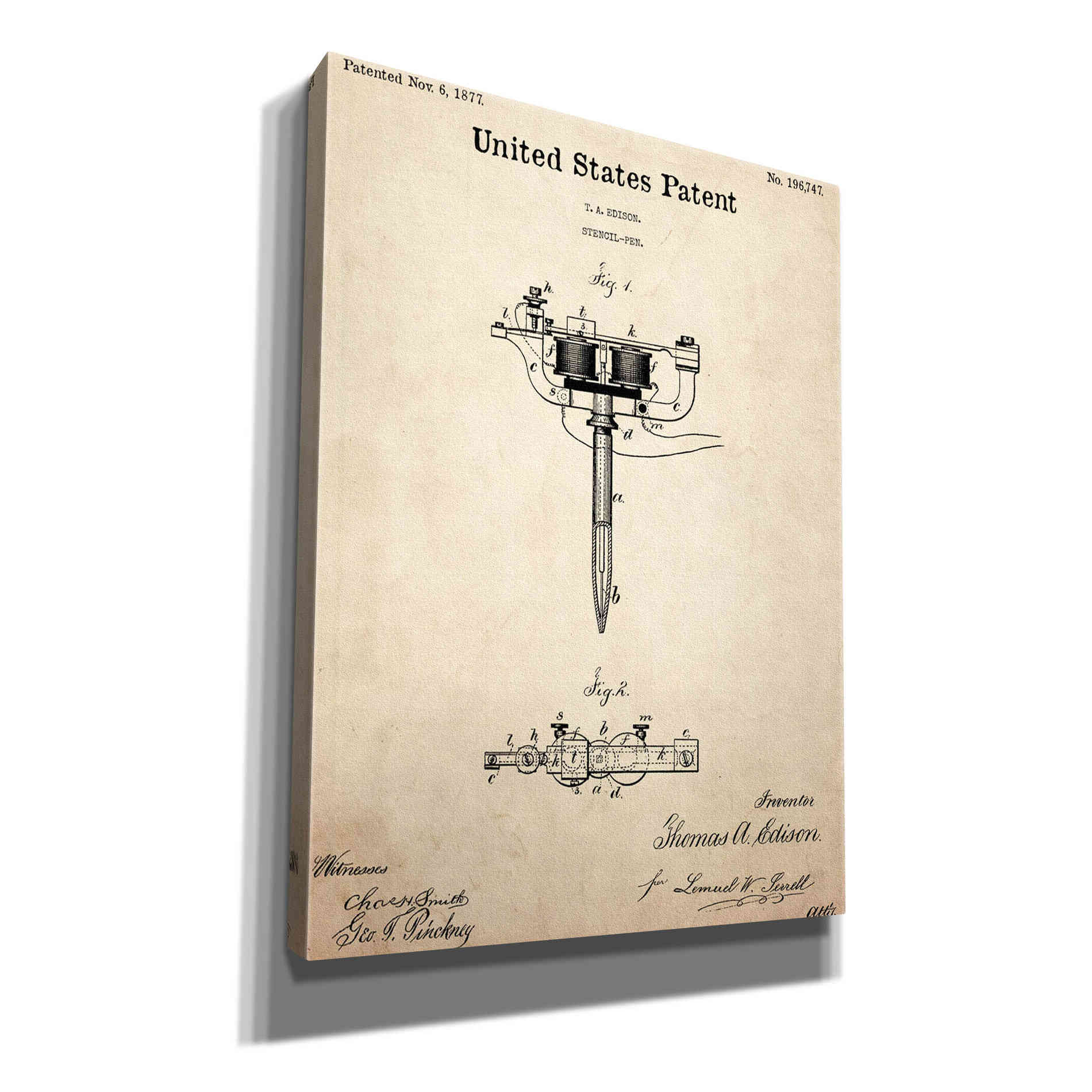 'Tattoo Stencil Pen Blueprint Patent Parchment,' Canvas Wall Art,12x16x1.1x0,18x26x1.1x0,26x34x1.74x0,40x54x1.74x0