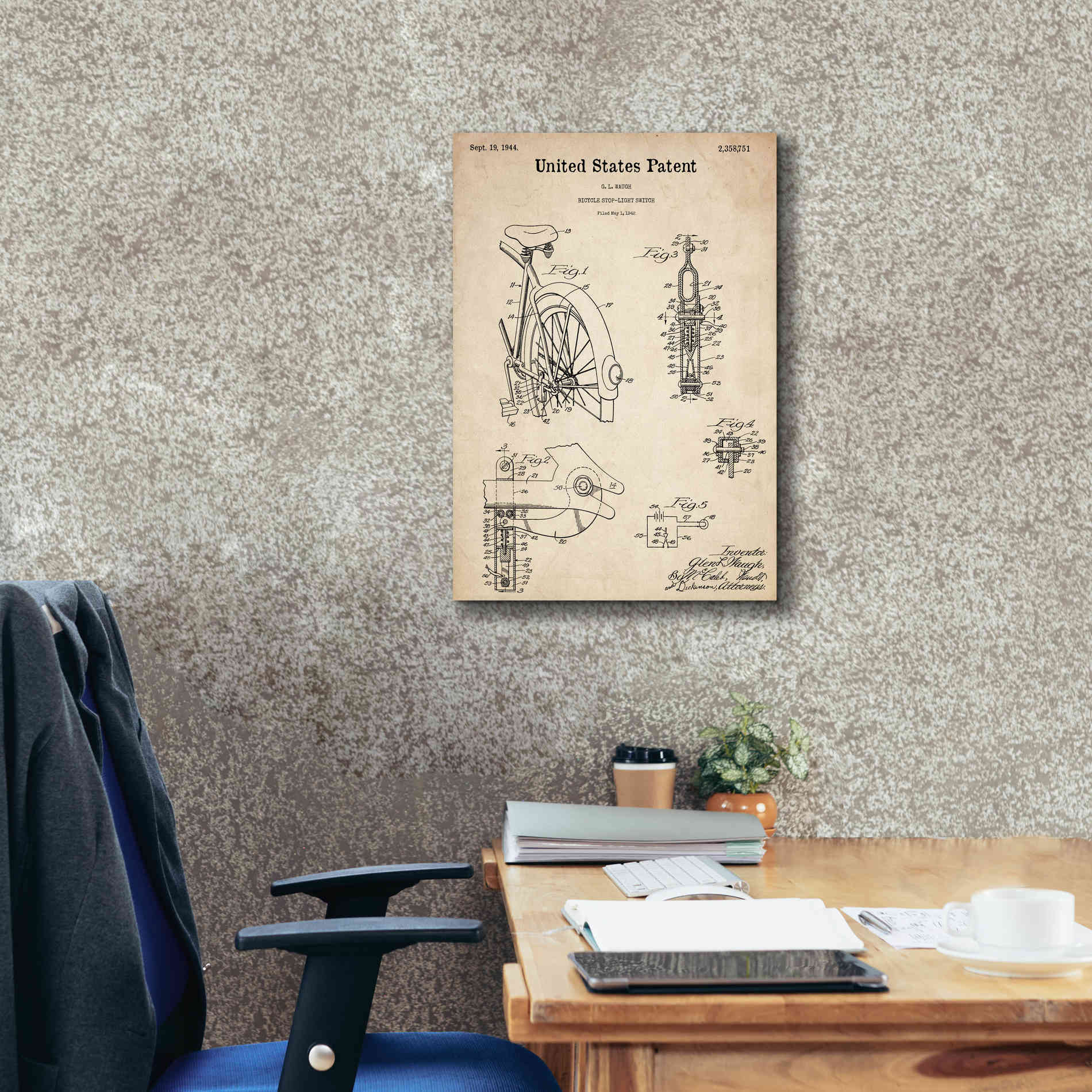 'Bicycle Stop-light Switch Blueprint Patent Parchment,' Canvas Wall Art,18 x 26