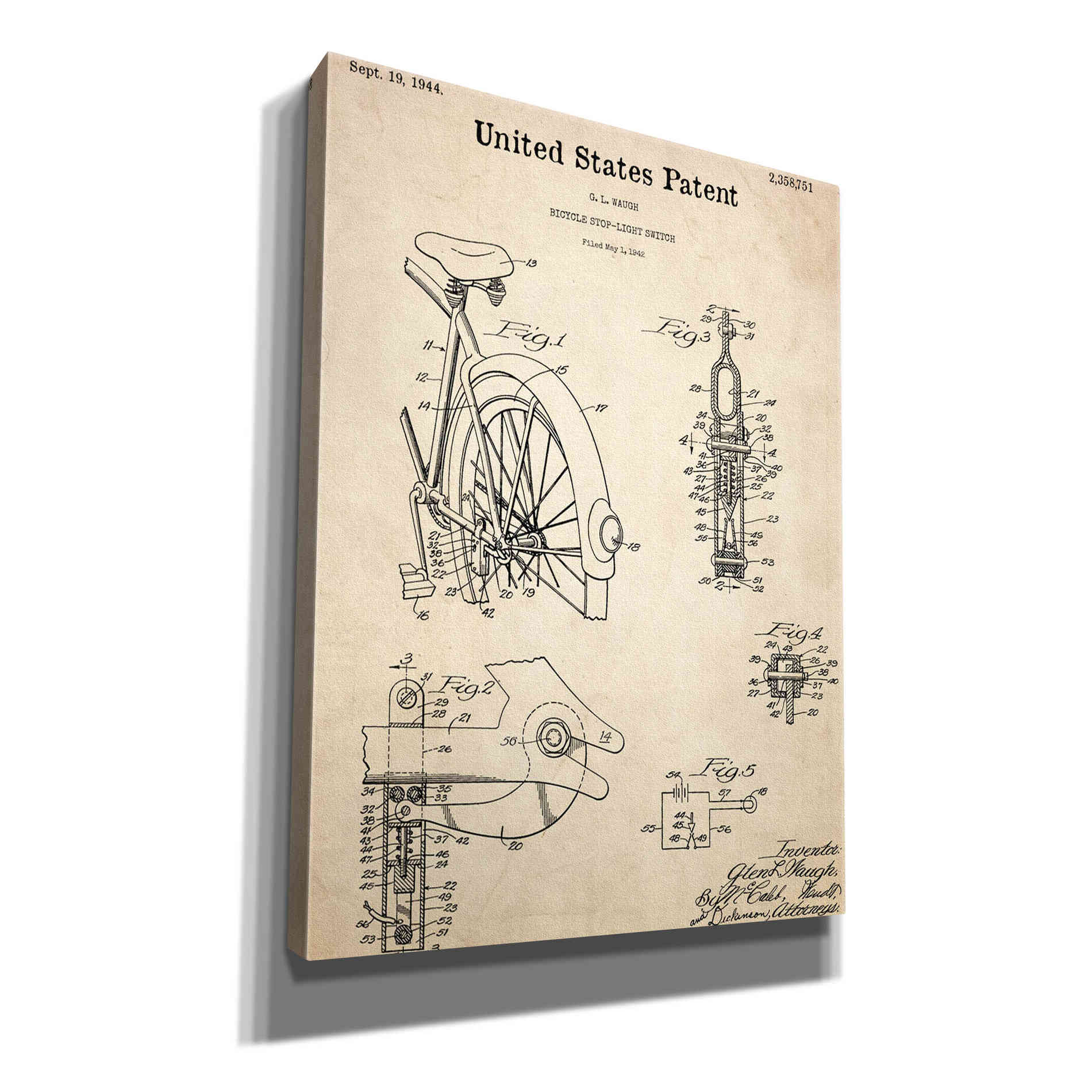 'Bicycle Stop-light Switch Blueprint Patent Parchment,' Canvas Wall Art,12x16x1.1x0,18x26x1.1x0,26x34x1.74x0,40x54x1.74x0