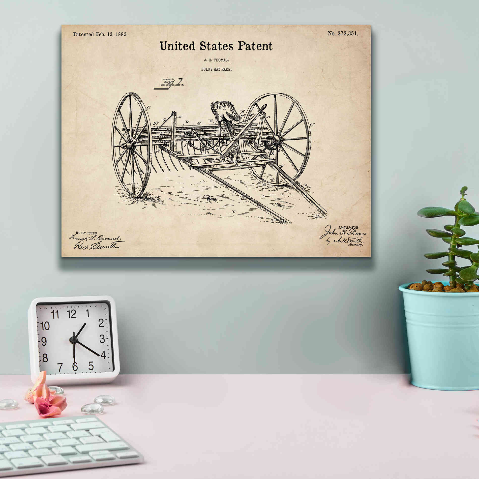 'Horse Drawn Hay Rake Blueprint Patent Parchment,' Canvas Wall Art,16 x 12