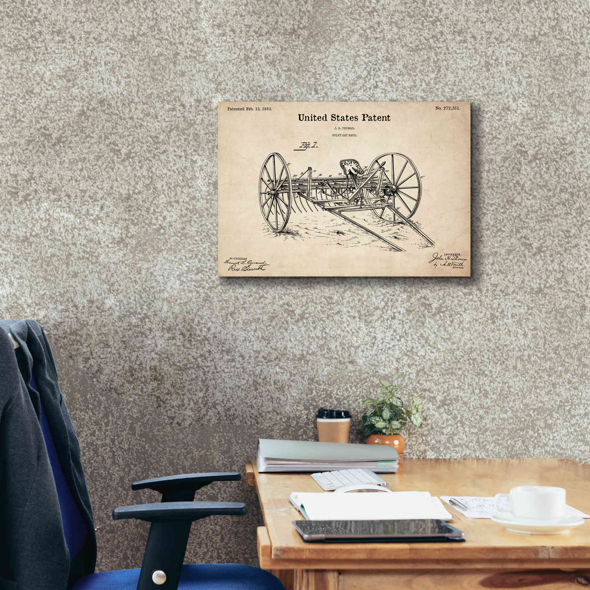 'Horse Drawn Hay Rake Blueprint Patent Parchment,' Canvas Wall Art,26 x 18