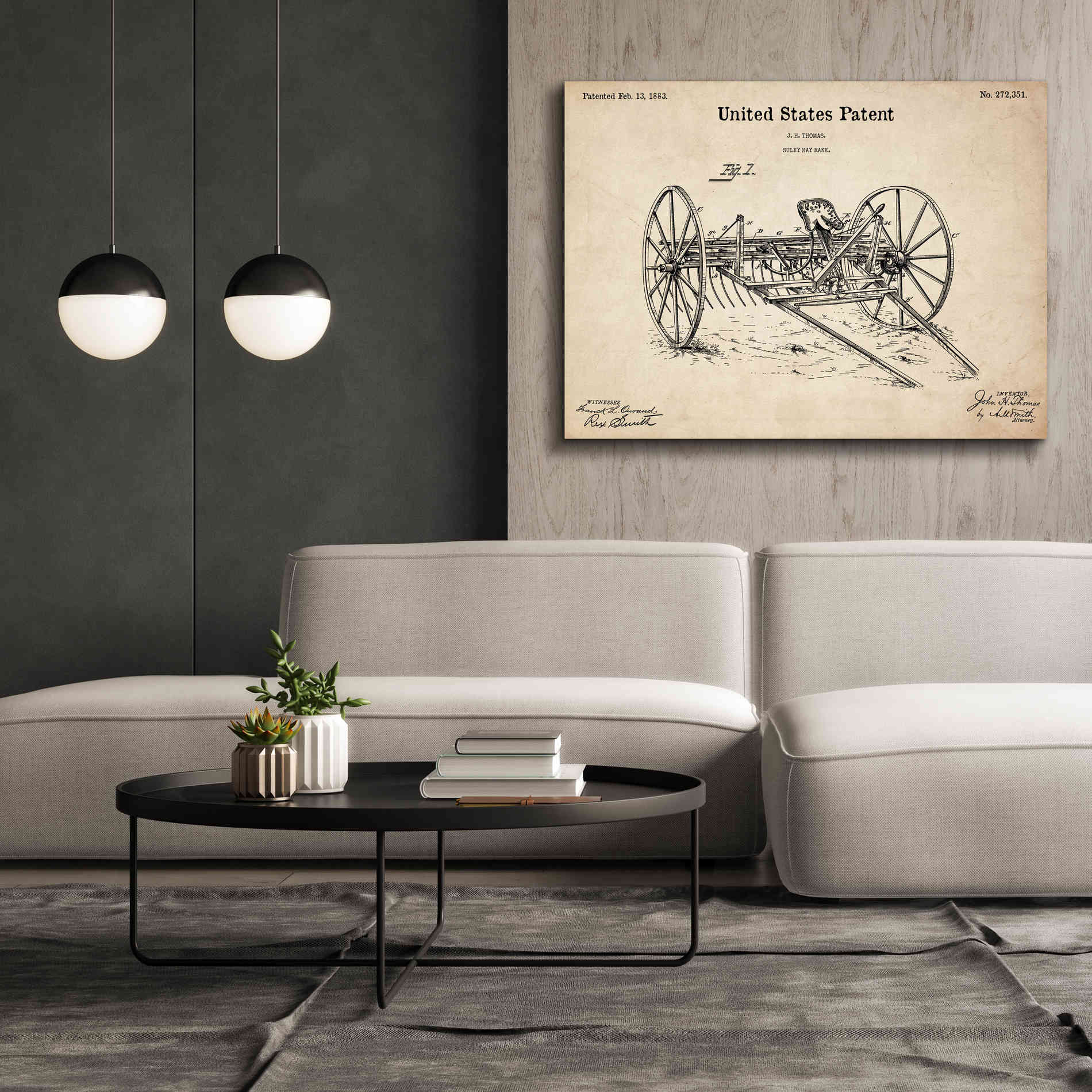 'Horse Drawn Hay Rake Blueprint Patent Parchment,' Canvas Wall Art,54 x 40