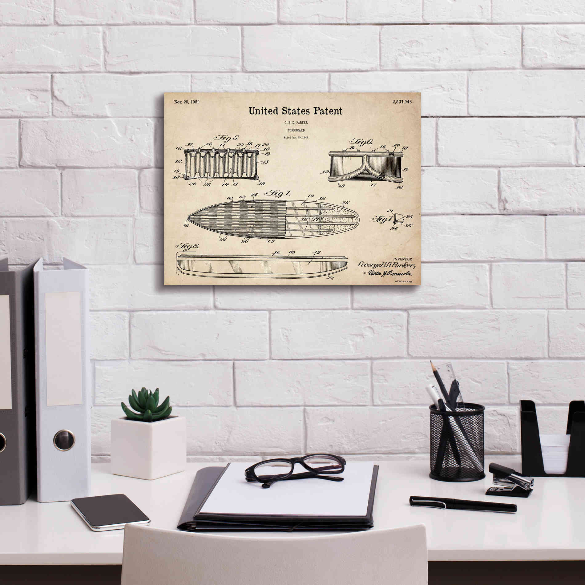 'Surfboard Blueprint Patent Parchment,' Canvas Wall Art,16 x 12