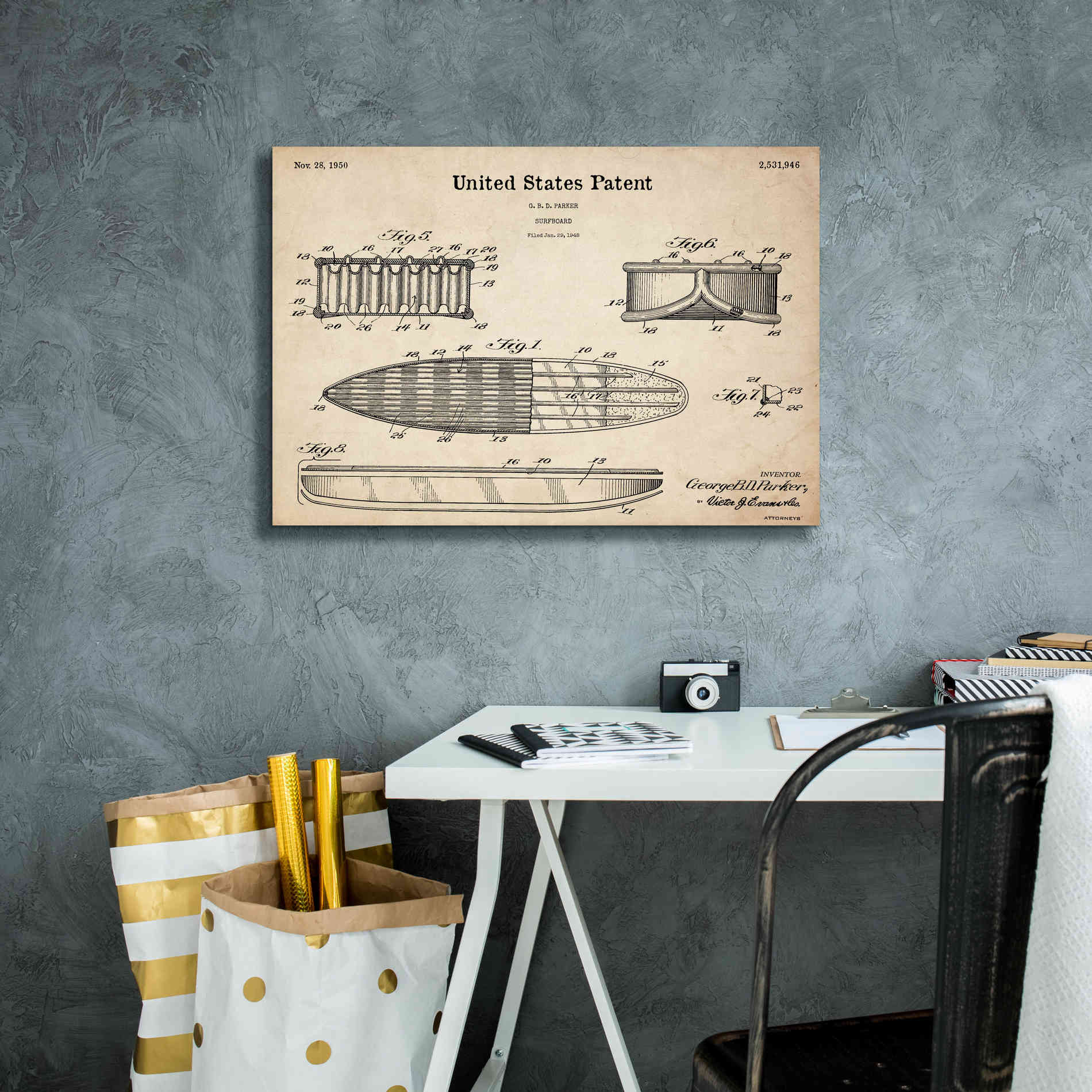 'Surfboard Blueprint Patent Parchment,' Canvas Wall Art,26 x 18