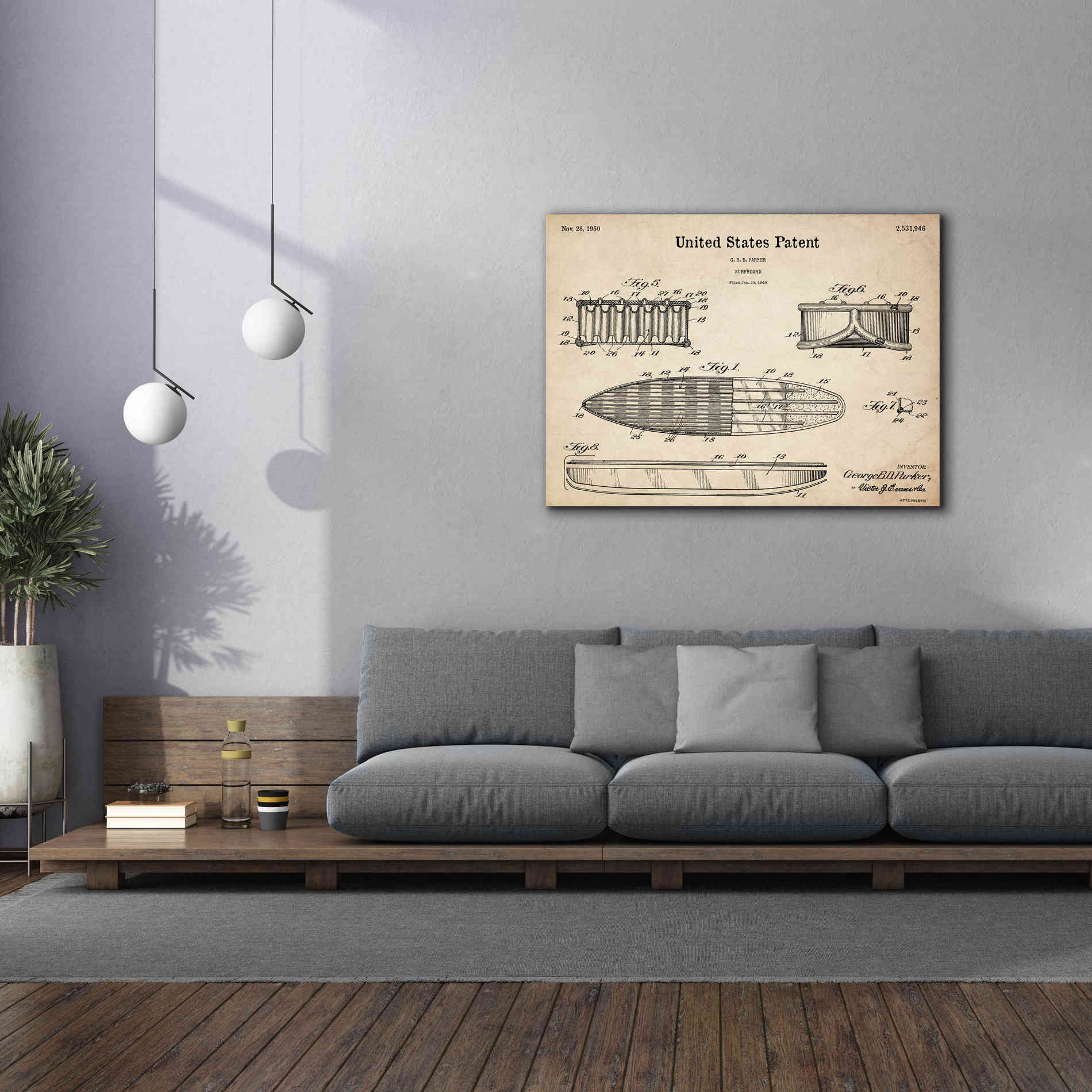 'Surfboard Blueprint Patent Parchment,' Canvas Wall Art,54 x 40