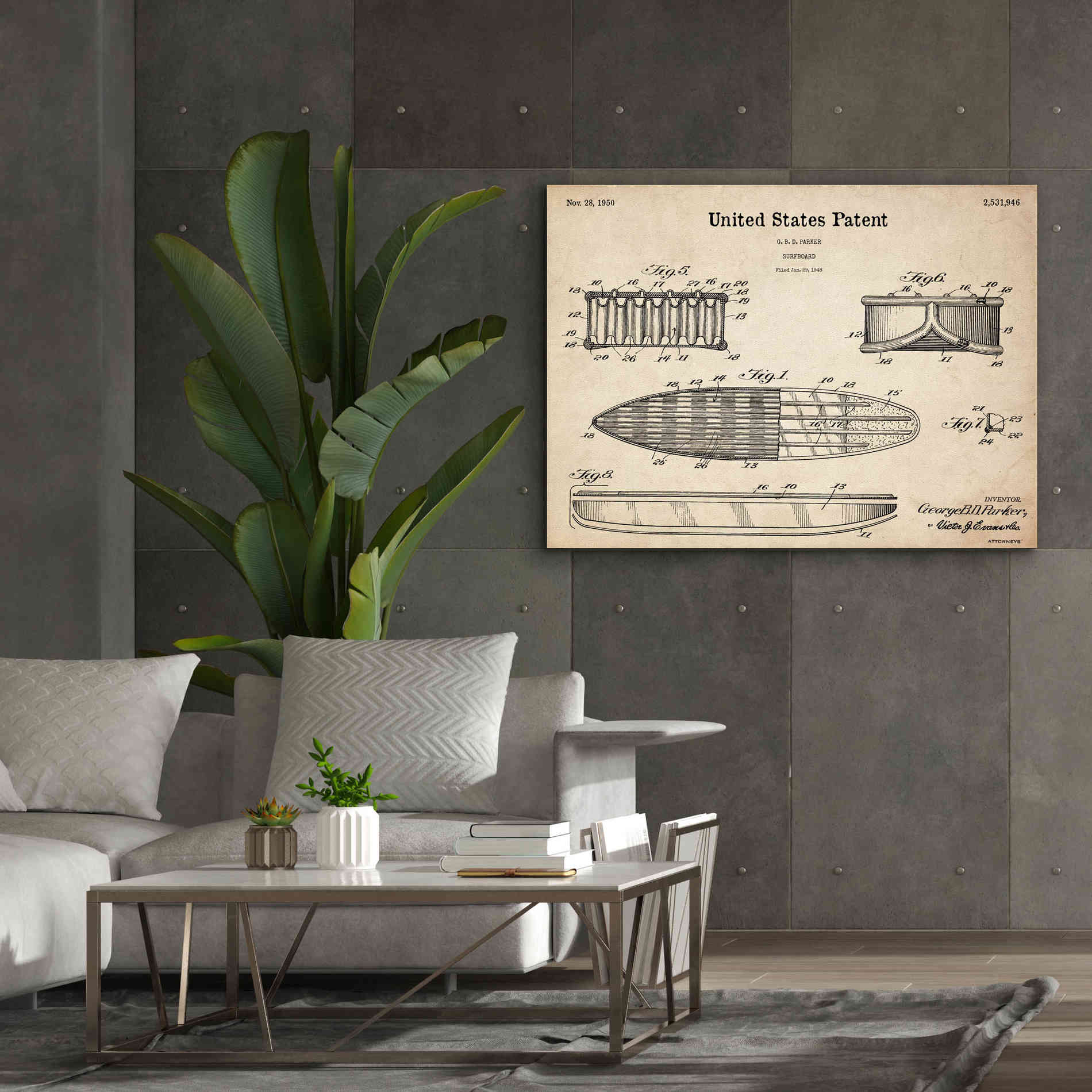 'Surfboard Blueprint Patent Parchment,' Canvas Wall Art,54 x 40