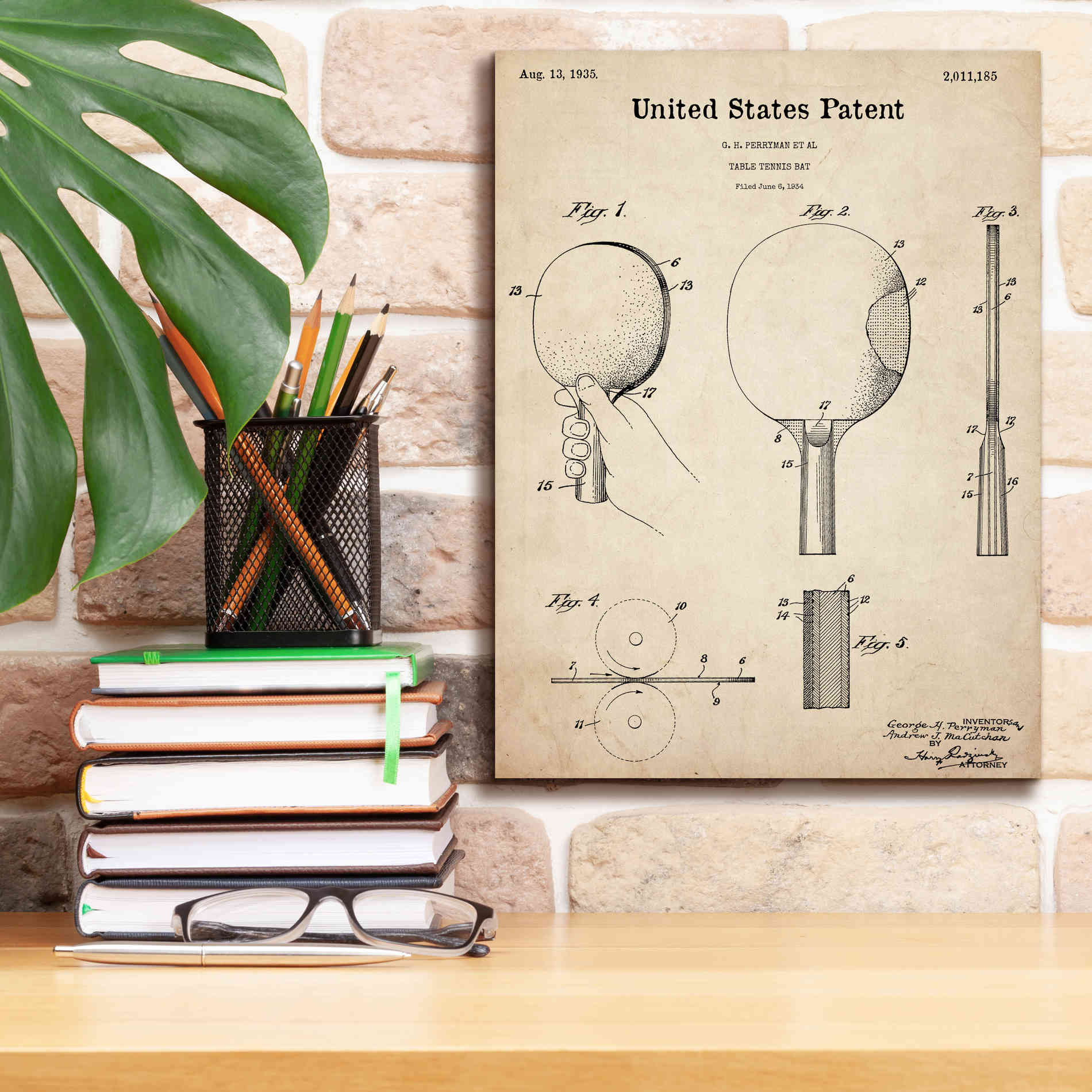 'Table Tennis Paddle  Blueprint Patent Parchment,' Canvas Wall Art,12 x 16
