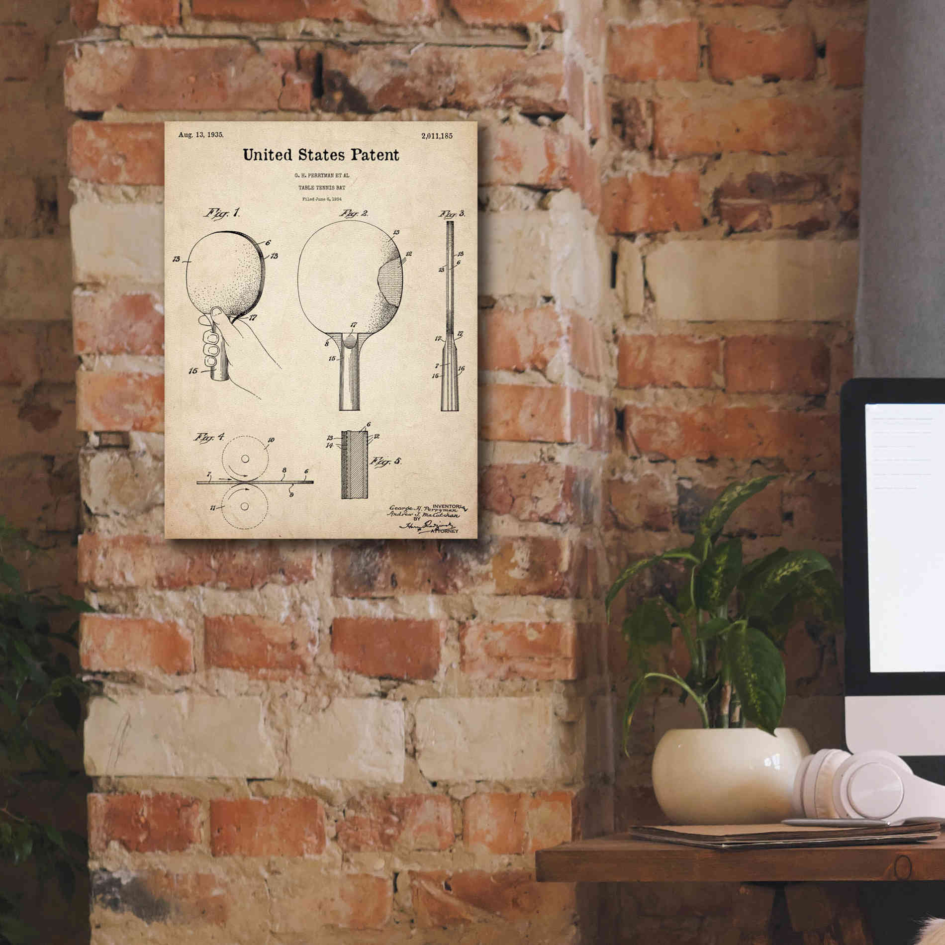 'Table Tennis Paddle  Blueprint Patent Parchment,' Canvas Wall Art,12 x 16