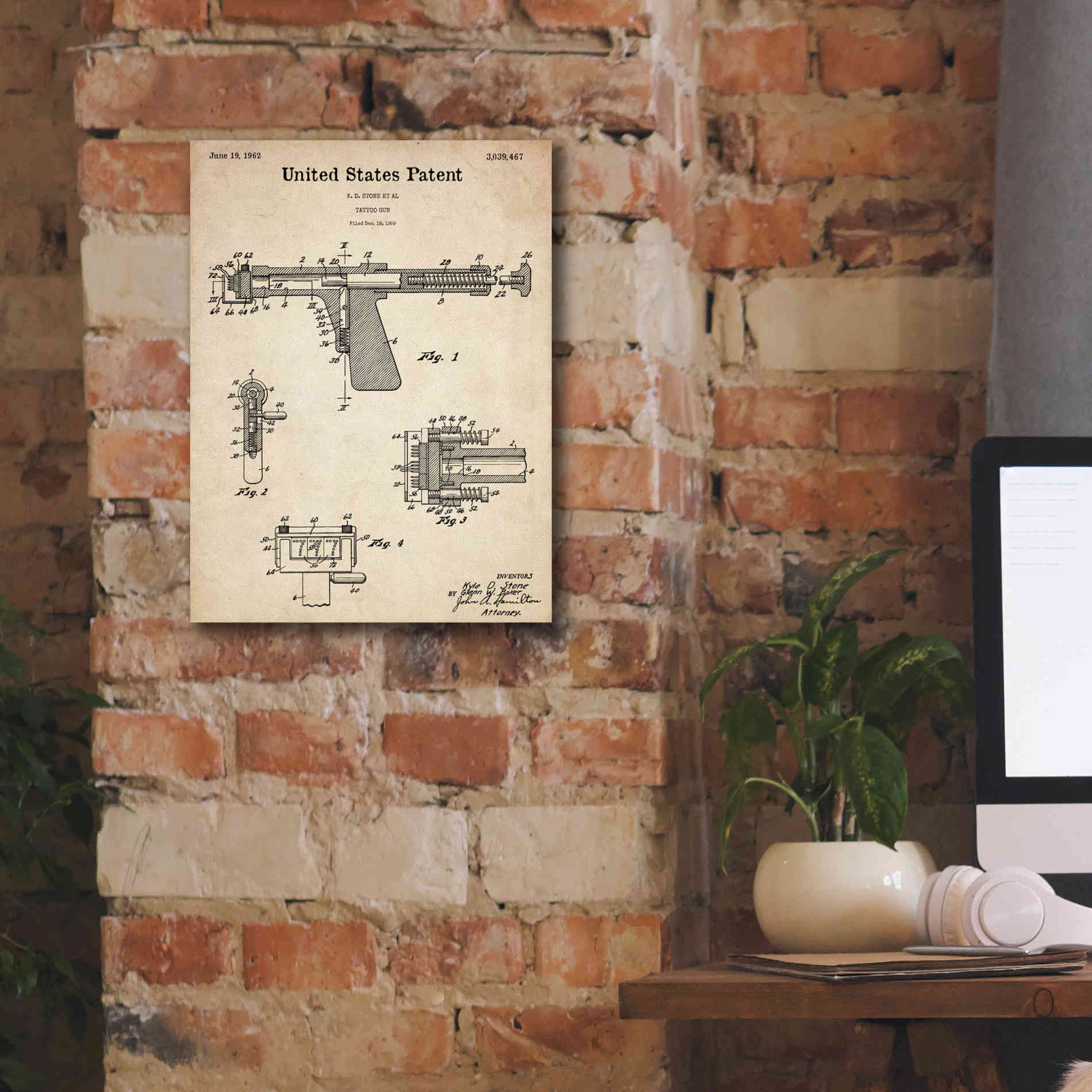 'Tattoo Gun Blueprint Patent Parchment,' Canvas Wall Art,12 x 16