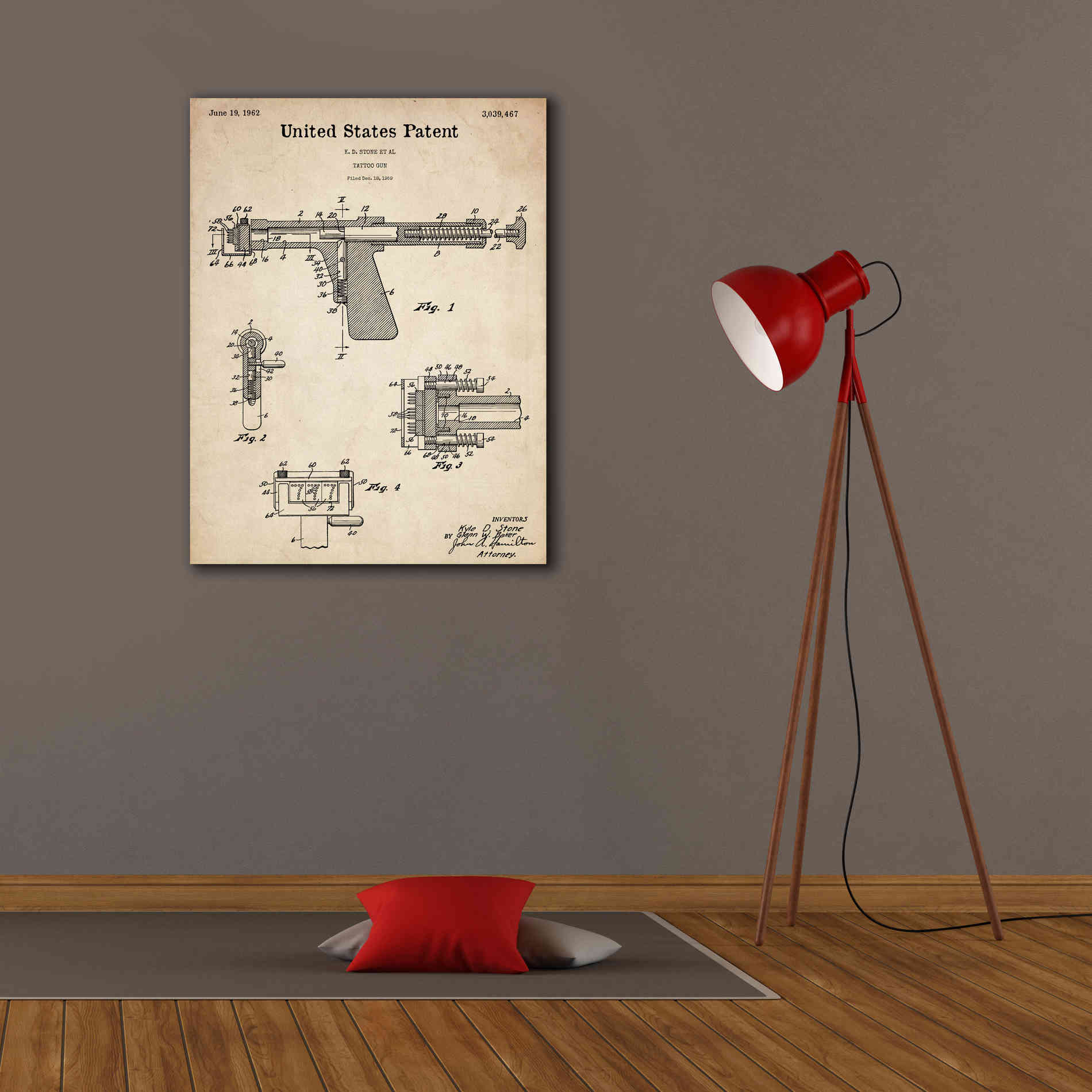 'Tattoo Gun Blueprint Patent Parchment,' Canvas Wall Art,26 x 34