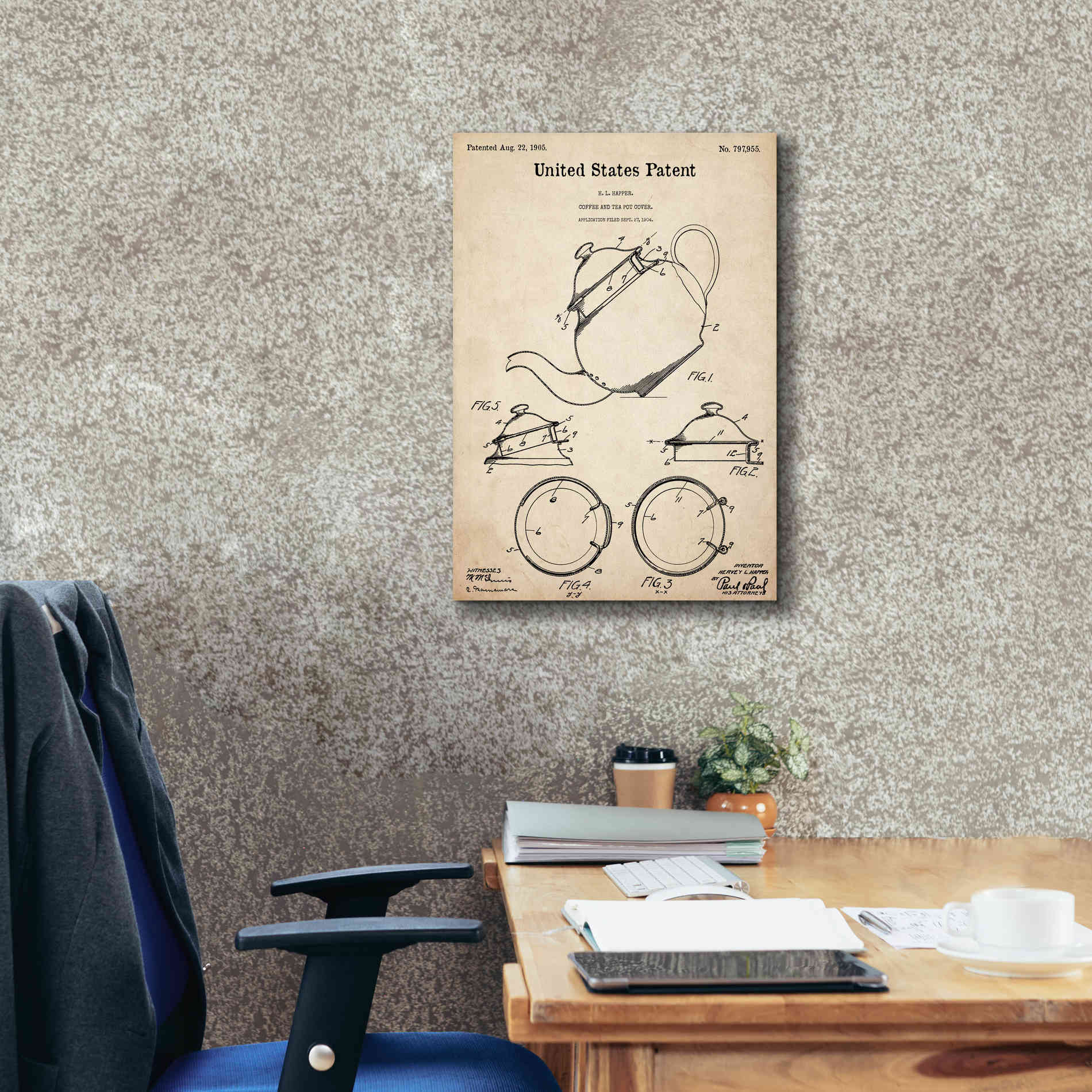 'Tea Pot Cover Blueprint Patent Parchment,' Canvas Wall Art,18 x 26