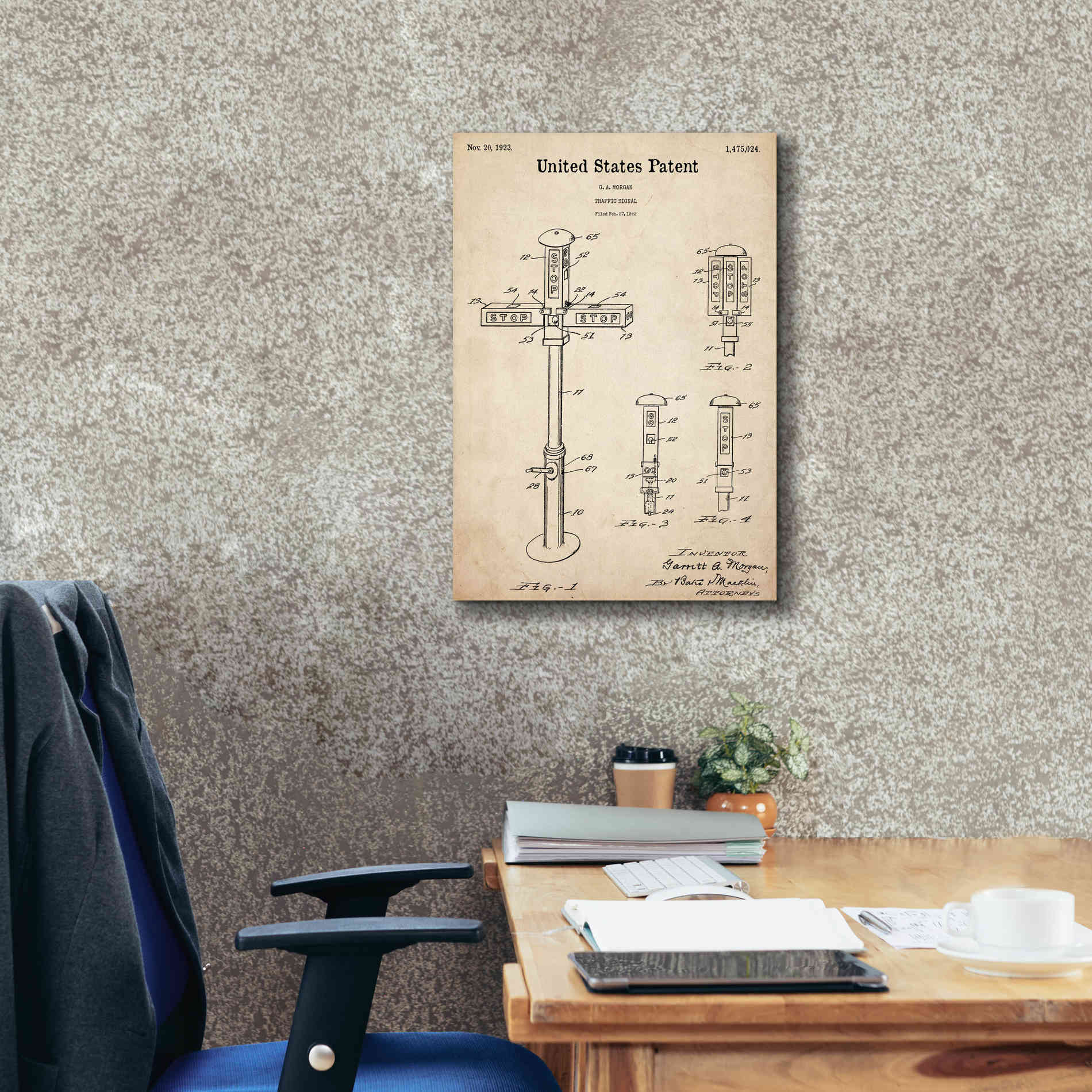 'Vintage Traffic Signal  Blueprint Patent Parchment,' Canvas Wall Art,18 x 26
