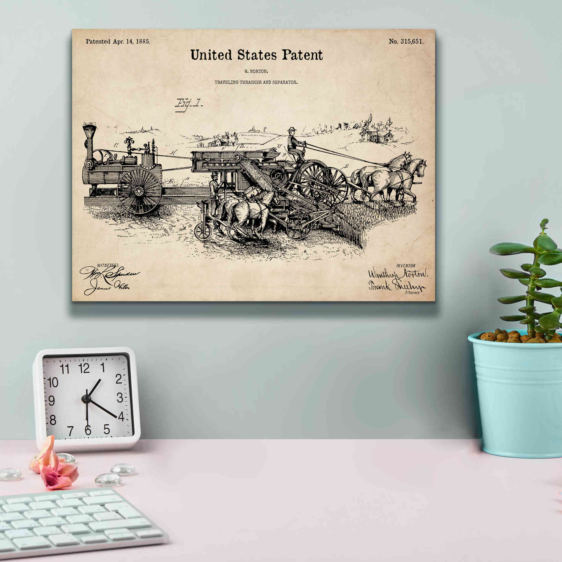 'Traveling Thrasher Blueprint Patent Parchment,' Canvas Wall Art,16 x 12