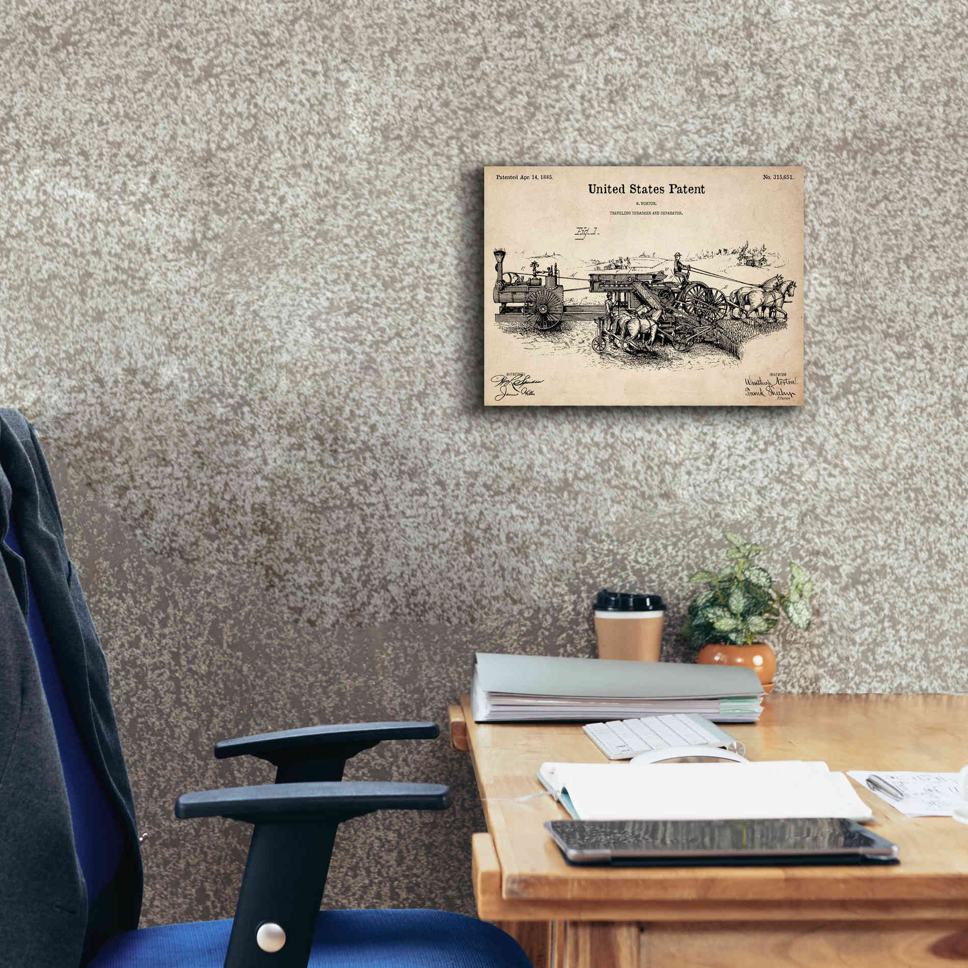'Traveling Thrasher Blueprint Patent Parchment,' Canvas Wall Art,16 x 12
