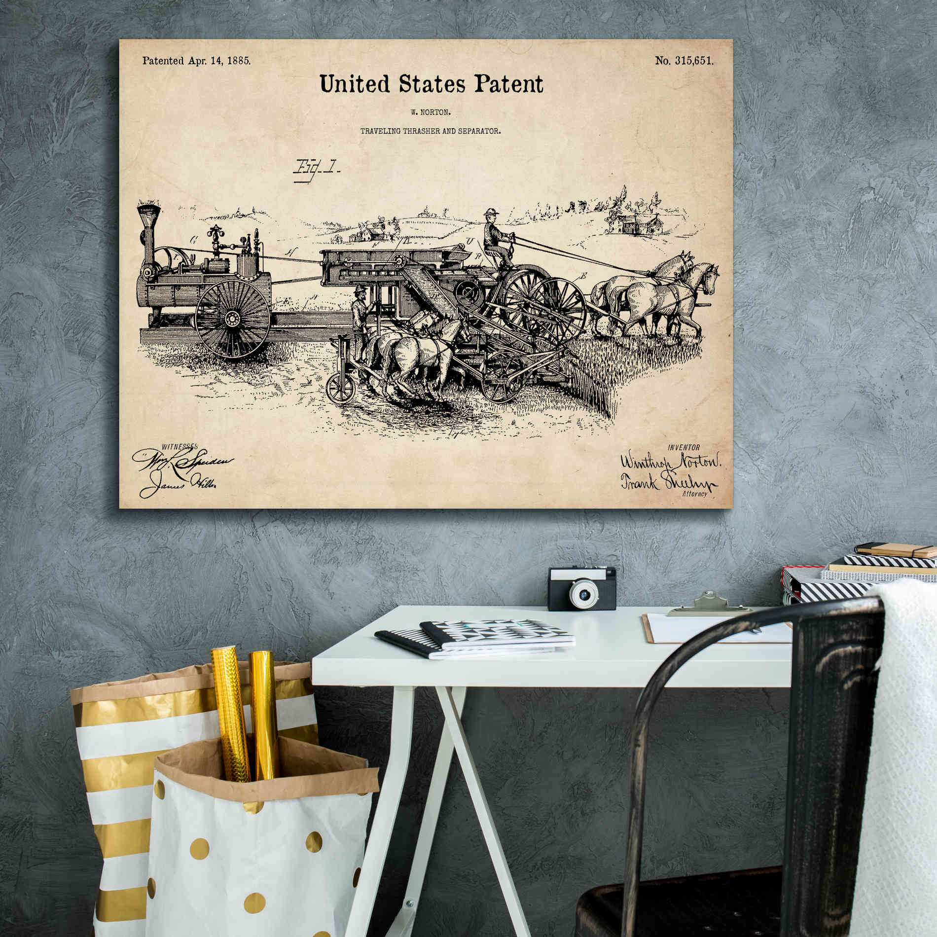 'Traveling Thrasher Blueprint Patent Parchment,' Canvas Wall Art,34 x 26