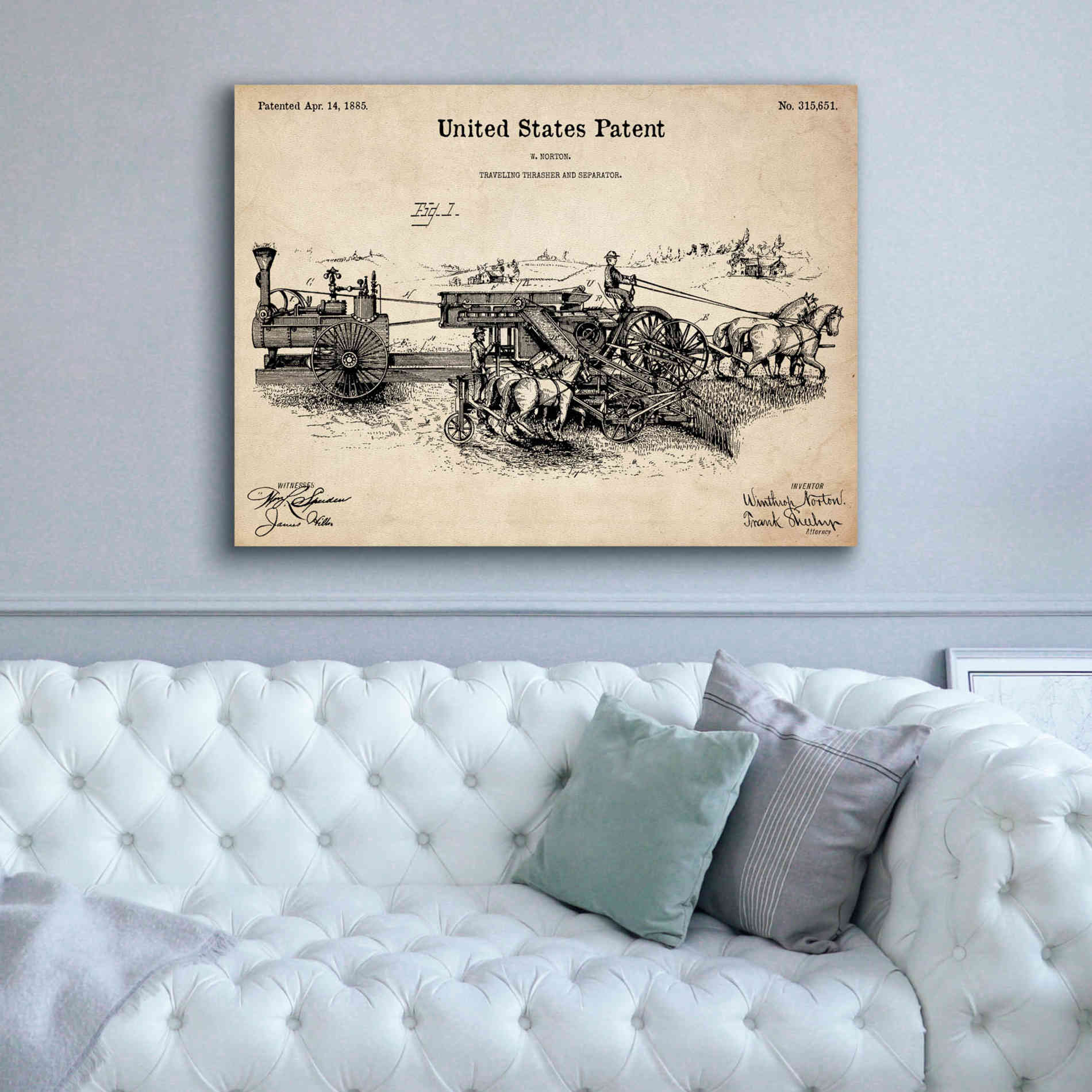 'Traveling Thrasher Blueprint Patent Parchment,' Canvas Wall Art,54 x 40