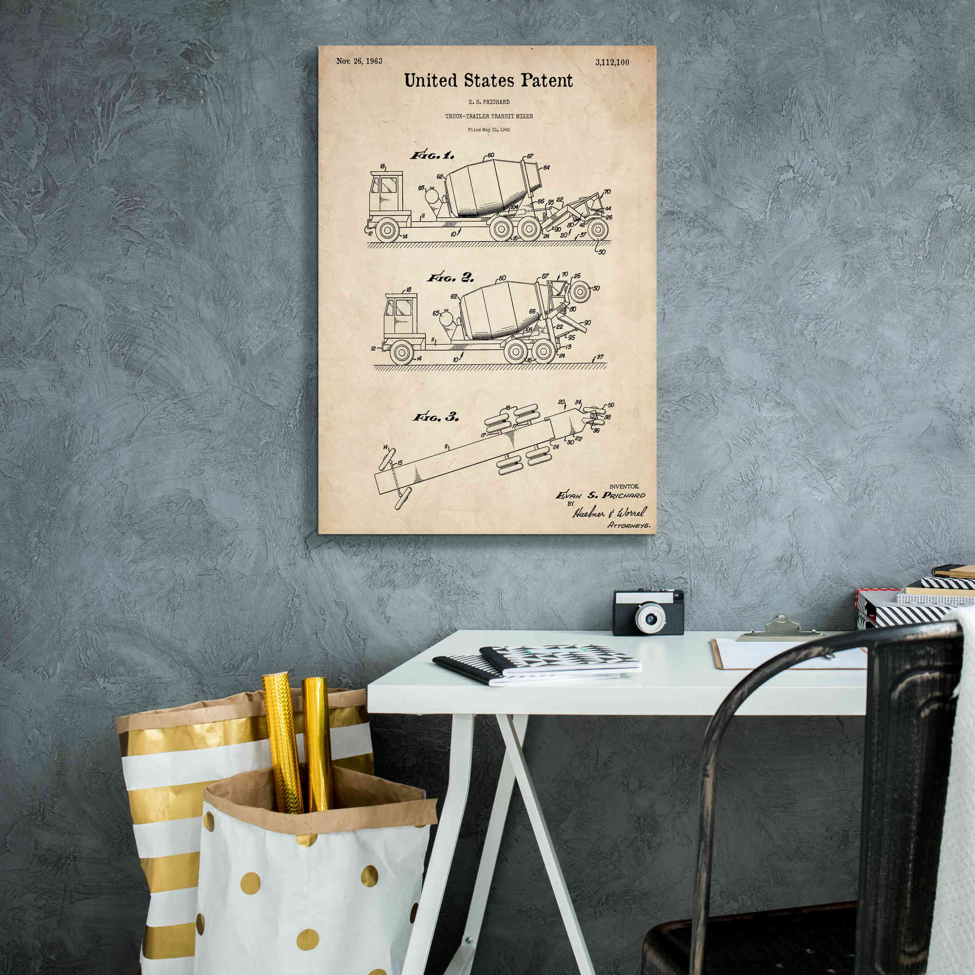 'Truck Trailer Transit Mixer Blueprint Patent Parchment,' Canvas Wall Art,18 x 26