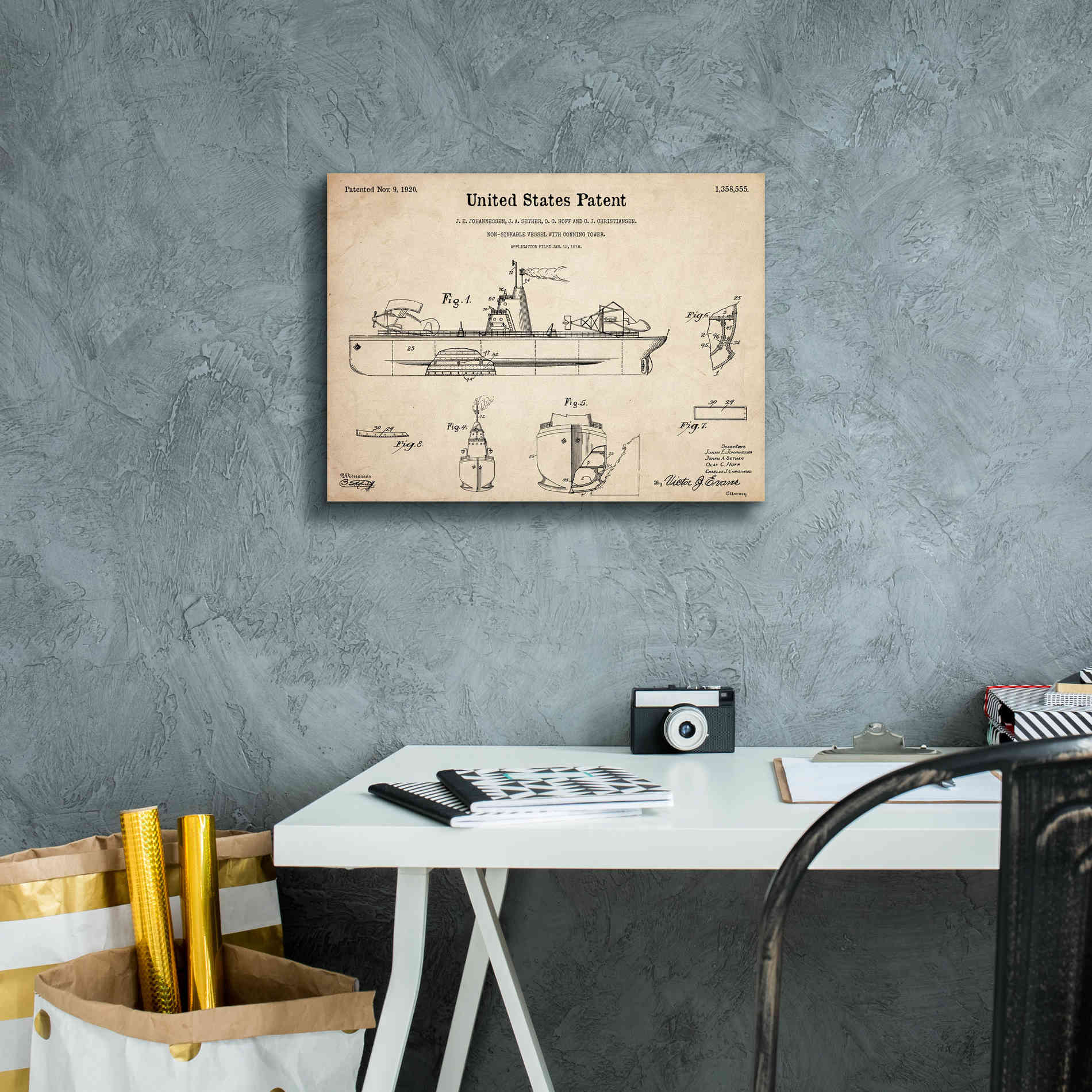'Non-Sinkable Vessel Blueprint Patent Parchment,' Canvas Wall Art,16 x 12
