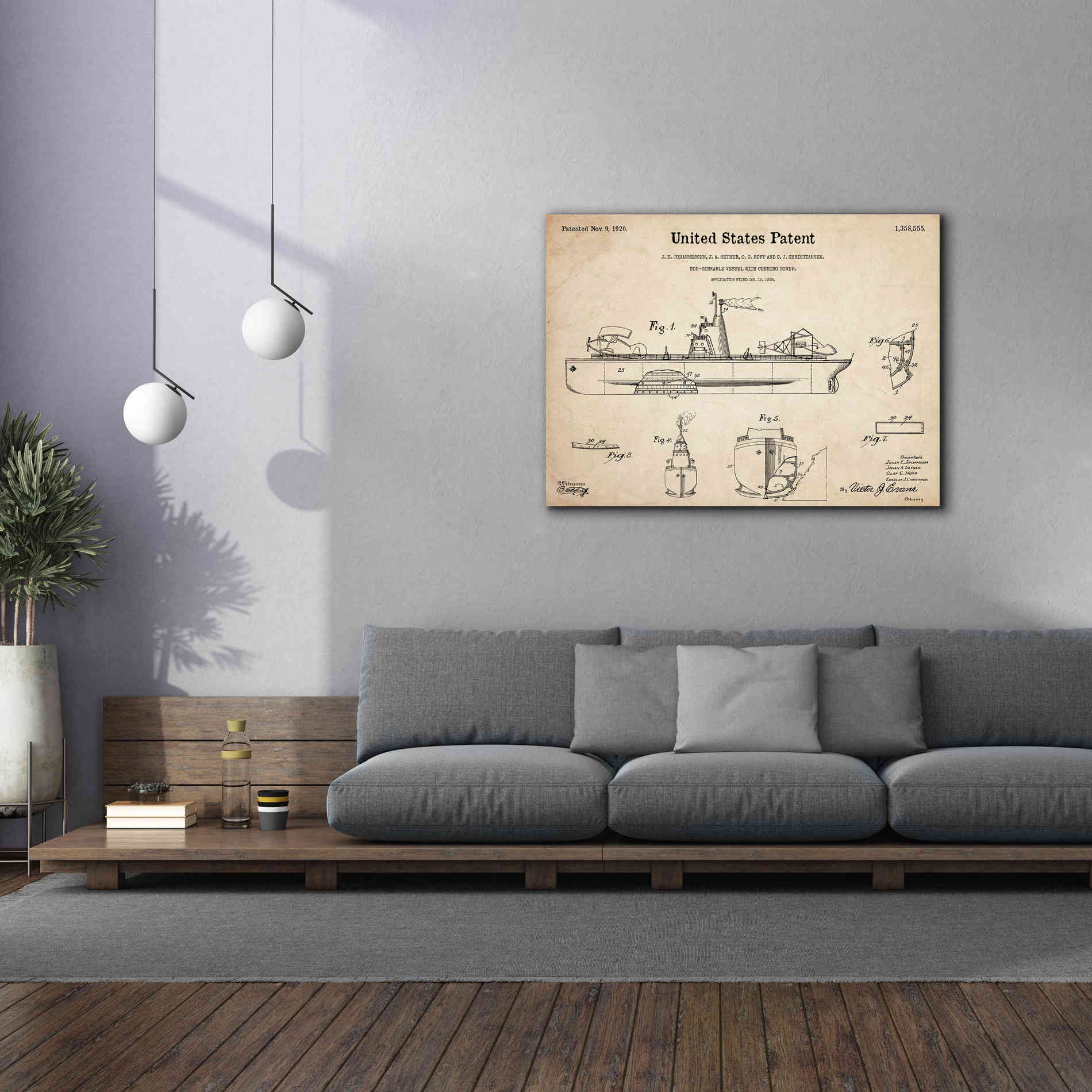 'Non-Sinkable Vessel Blueprint Patent Parchment,' Canvas Wall Art,54 x 40