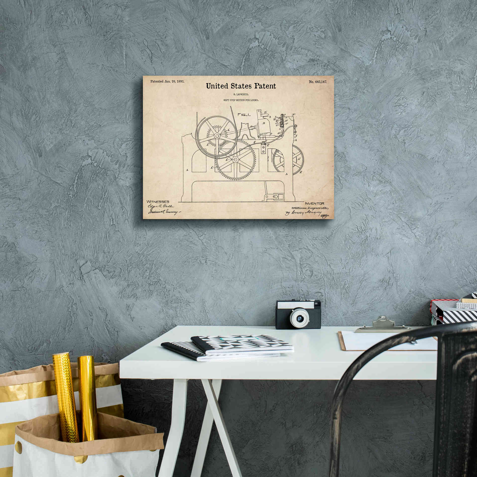 'Weft Stop Motion for Looms Blueprint Patent Parchment,' Canvas Wall Art,16 x 12