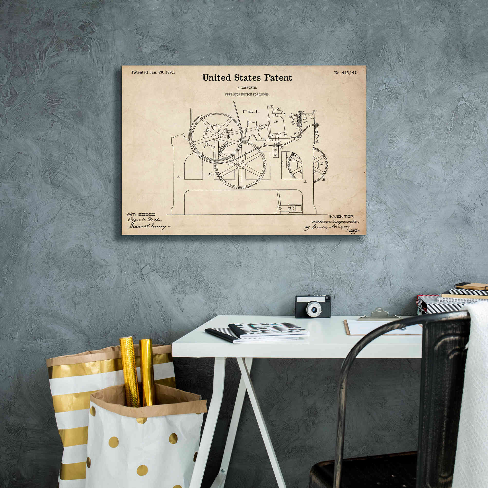 'Weft Stop Motion for Looms Blueprint Patent Parchment,' Canvas Wall Art,26 x 18
