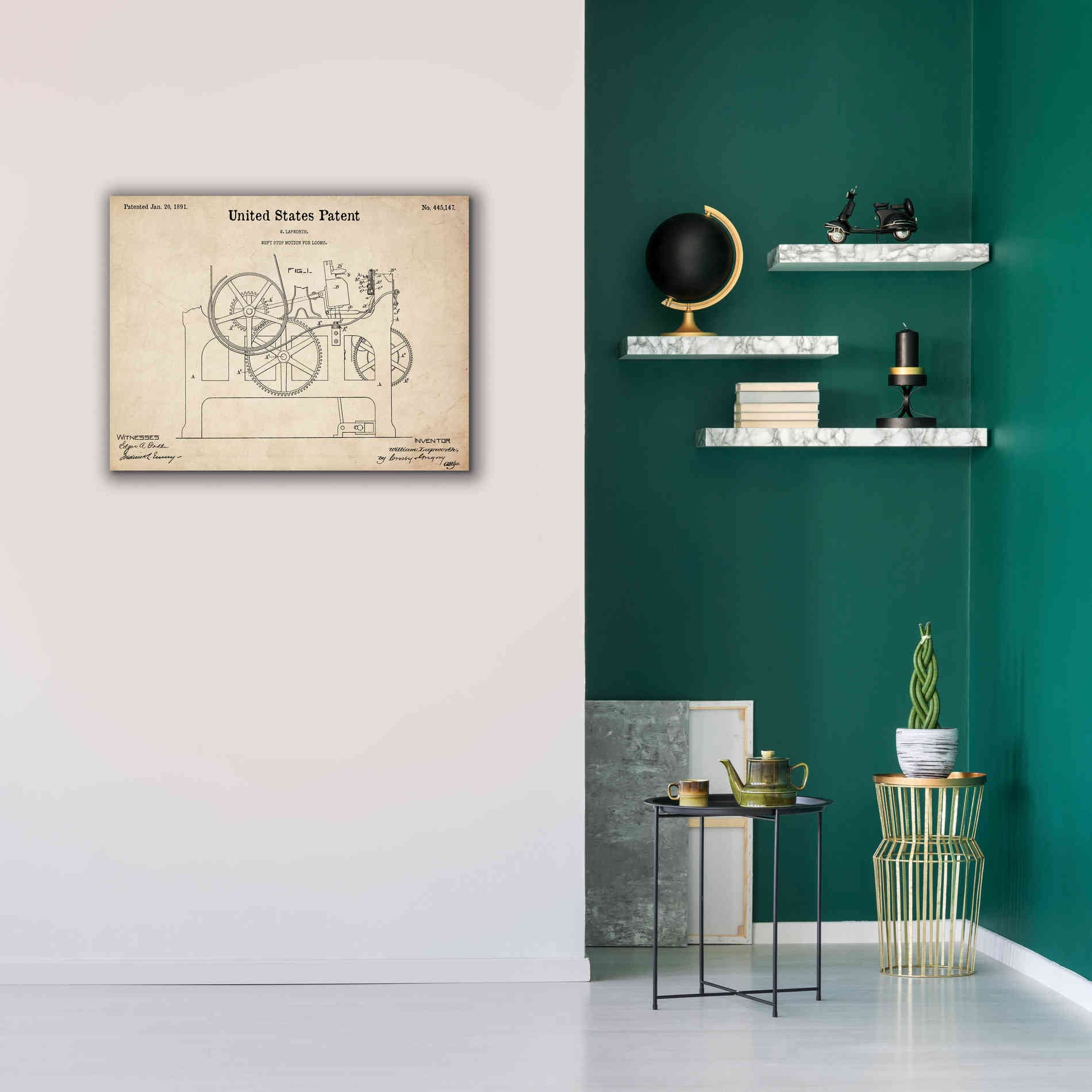 'Weft Stop Motion for Looms Blueprint Patent Parchment,' Canvas Wall Art,34 x 26