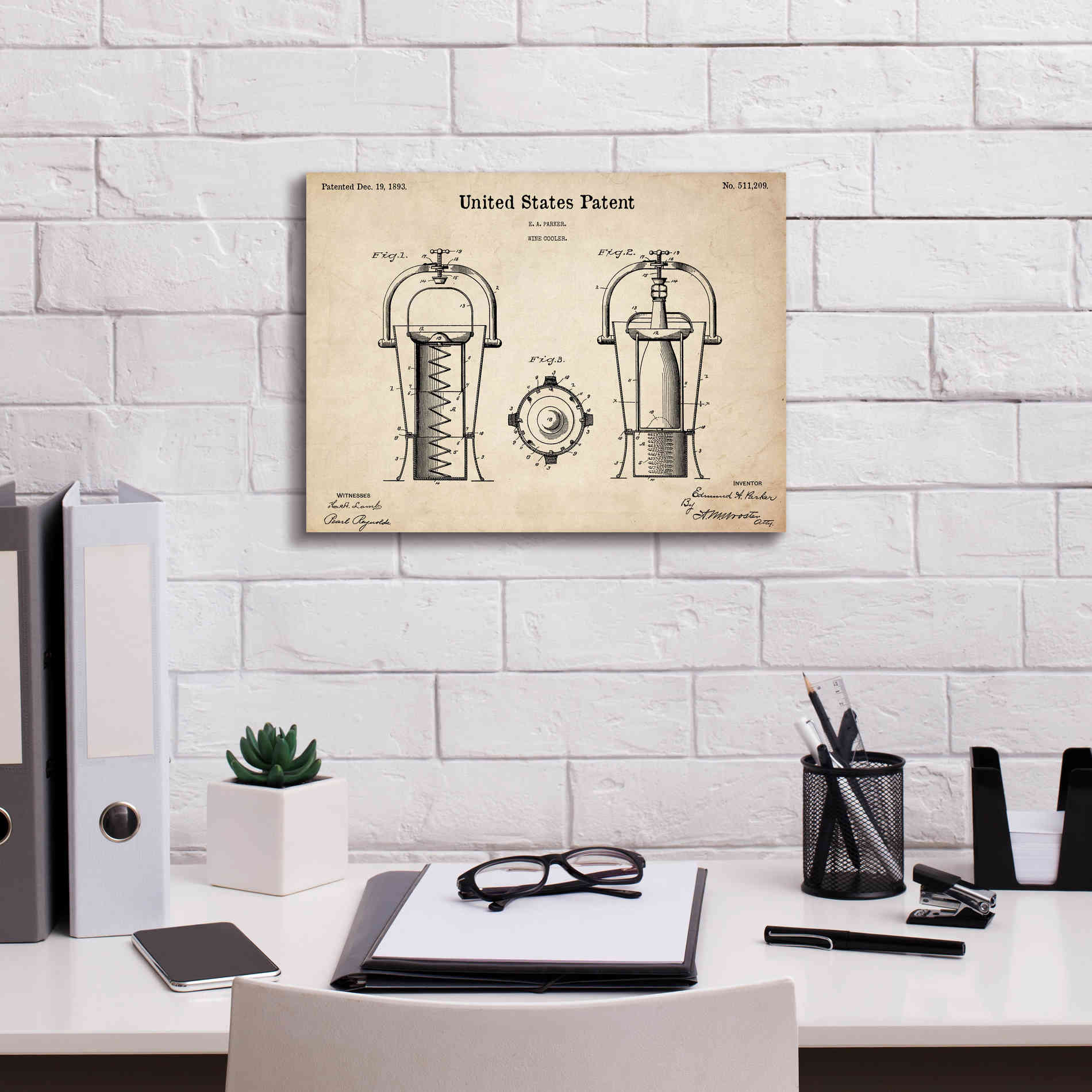 'Wine Cooler Blueprint Patent Parchment,' Canvas Wall Art,16 x 12