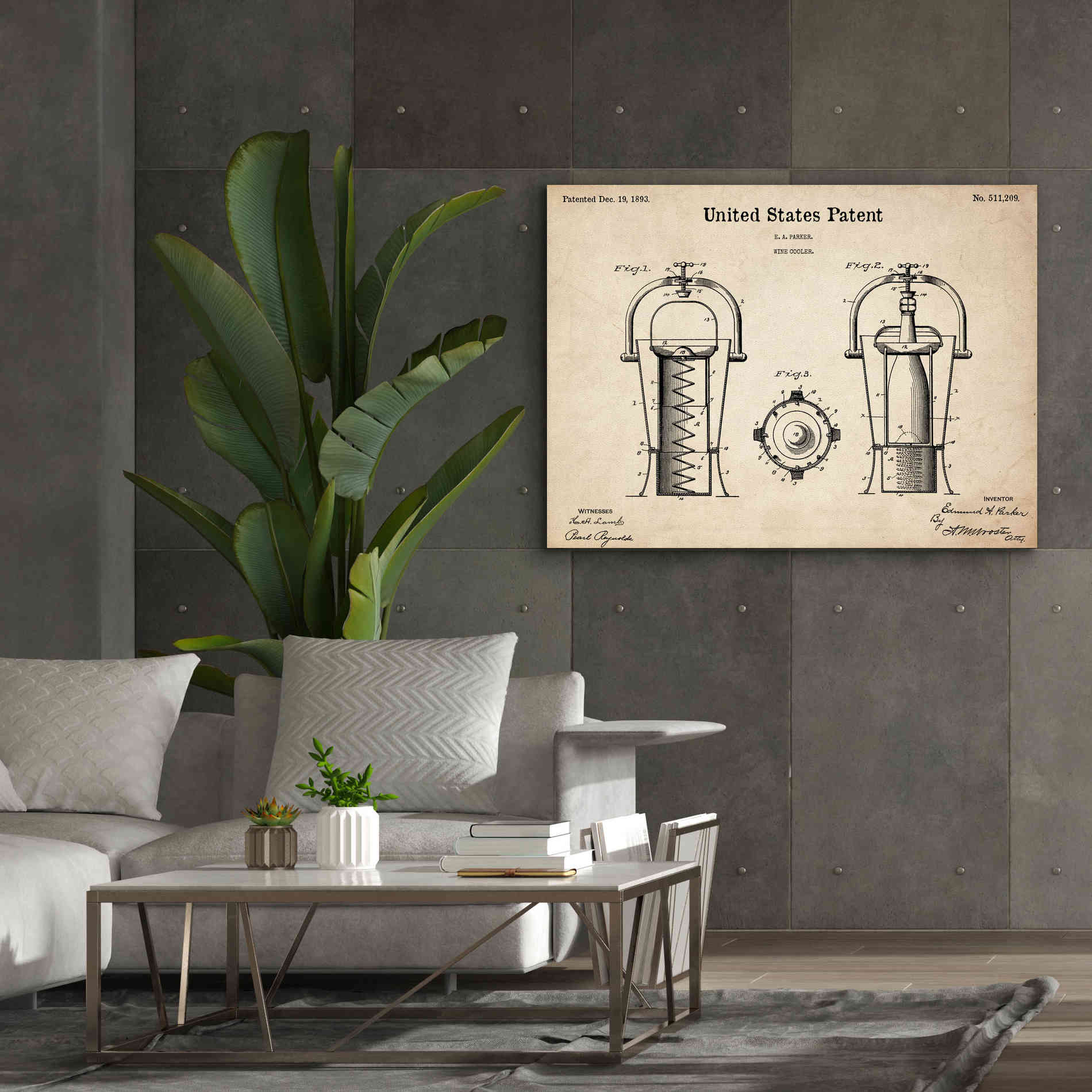 'Wine Cooler Blueprint Patent Parchment,' Canvas Wall Art,54 x 40