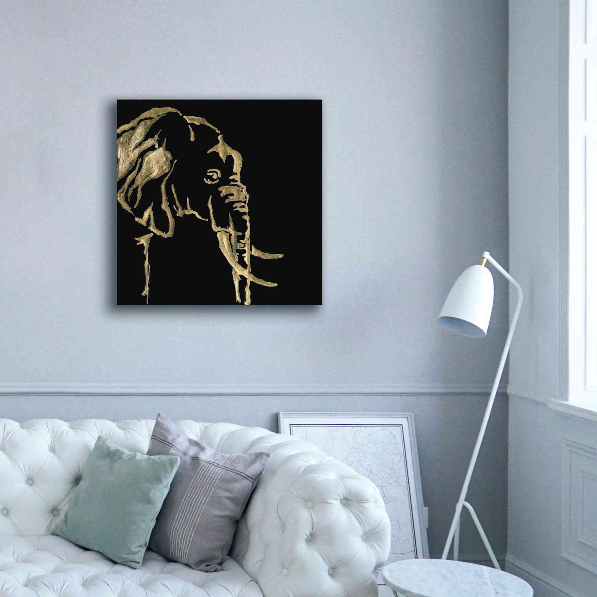 'Gilded Elephant on Black Pillow' by Chris Paschke, Canvas Wall Art,37 x 37
