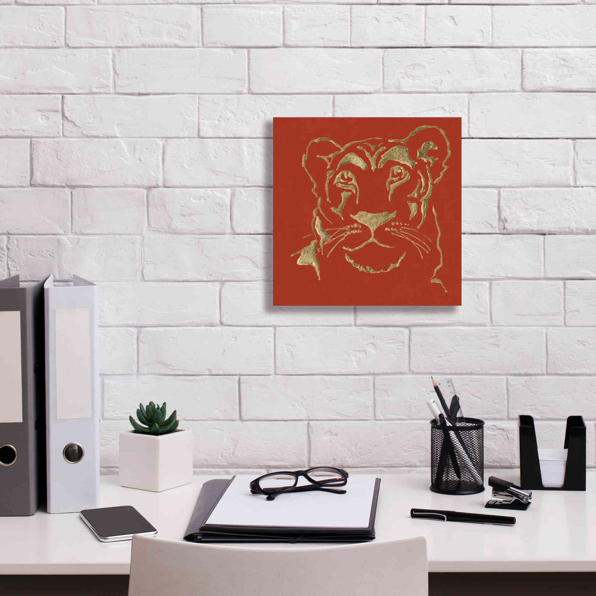 'Gilded Lioness on Red Pillow' by Chris Paschke, Canvas Wall Art,12 x 12