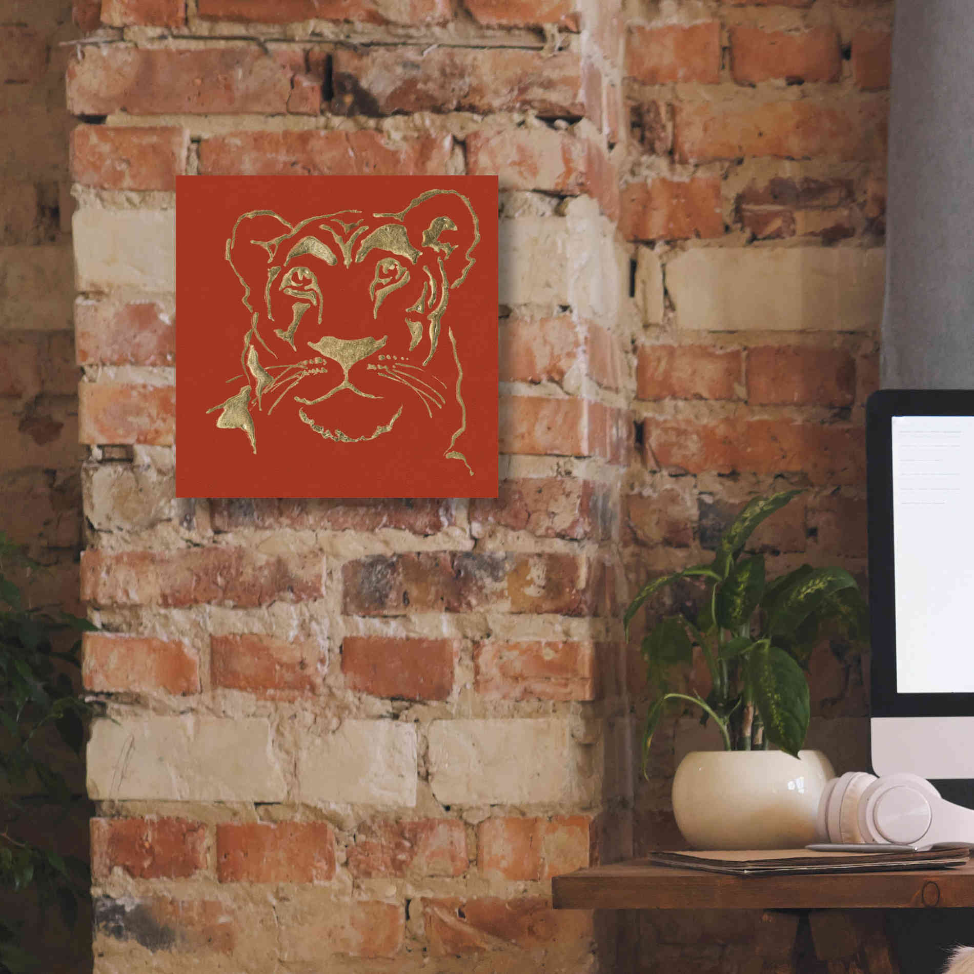 'Gilded Lioness on Red Pillow' by Chris Paschke, Canvas Wall Art,12 x 12