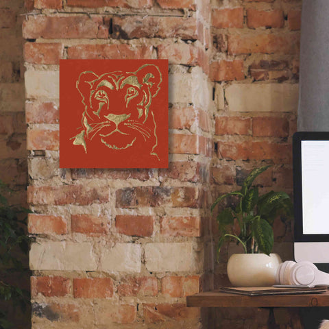 Image of 'Gilded Lioness on Red Pillow' by Chris Paschke, Canvas Wall Art,12 x 12