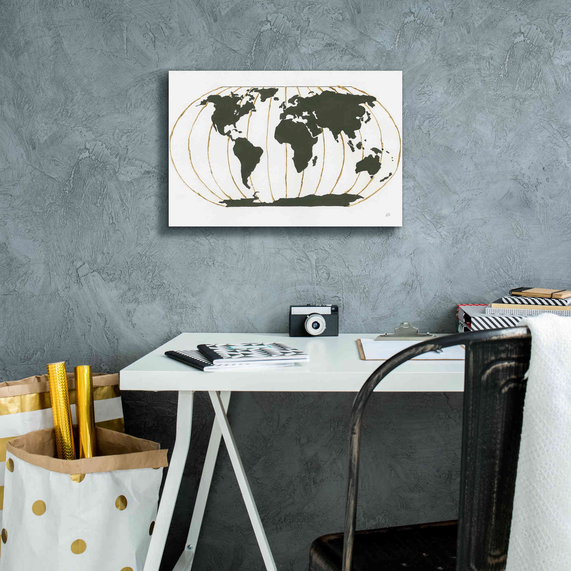 'World Map Gold Lines' by Chris Paschke, Giclee Canvas Wall Art,18 x 12