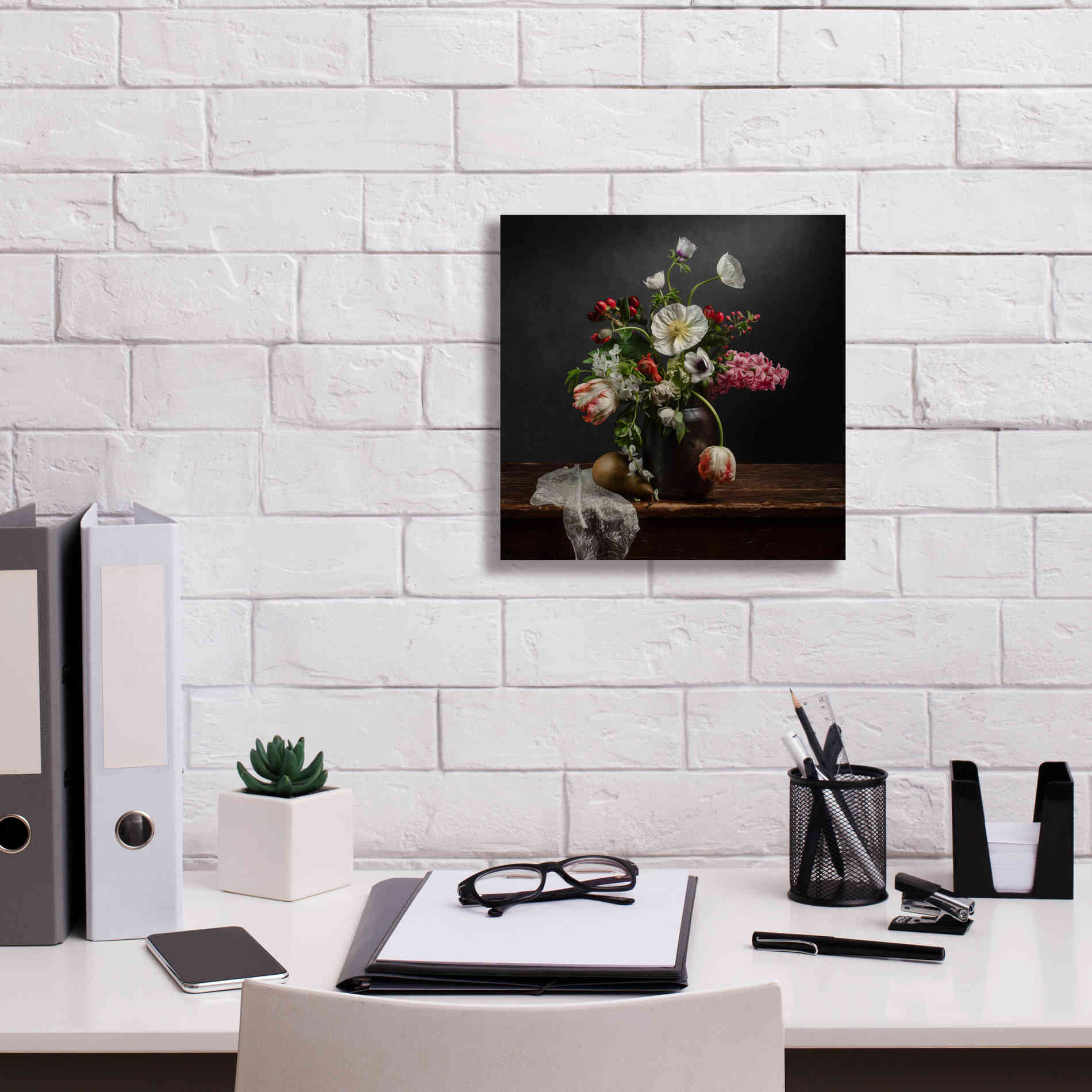'Pear And Parrot Tulip Still Life' by Leah McLean Giclee Canvas Wall Art,12 x 12