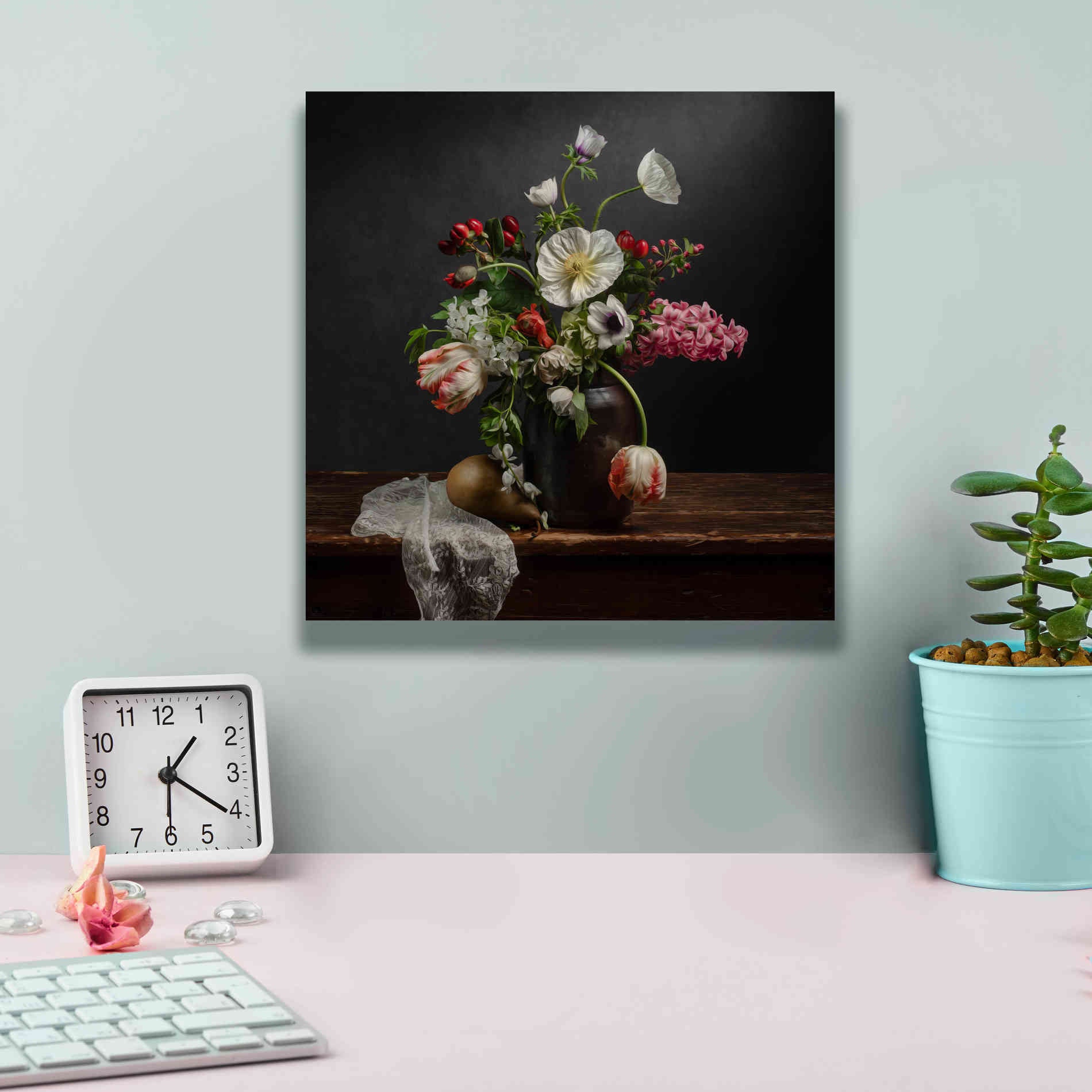 'Pear And Parrot Tulip Still Life' by Leah McLean Giclee Canvas Wall Art,12 x 12