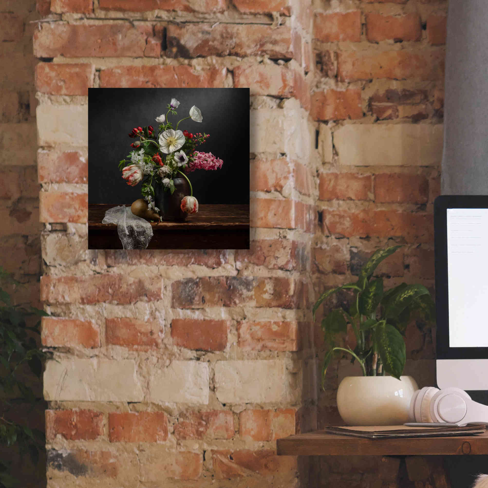 'Pear And Parrot Tulip Still Life' by Leah McLean Giclee Canvas Wall Art,12 x 12