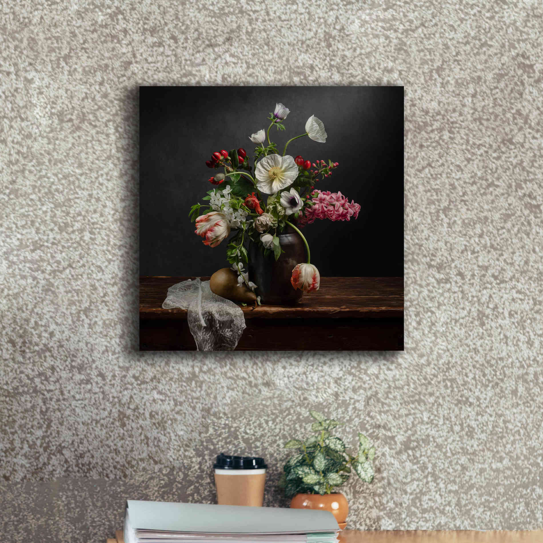 'Pear And Parrot Tulip Still Life' by Leah McLean Giclee Canvas Wall Art,18 x 18