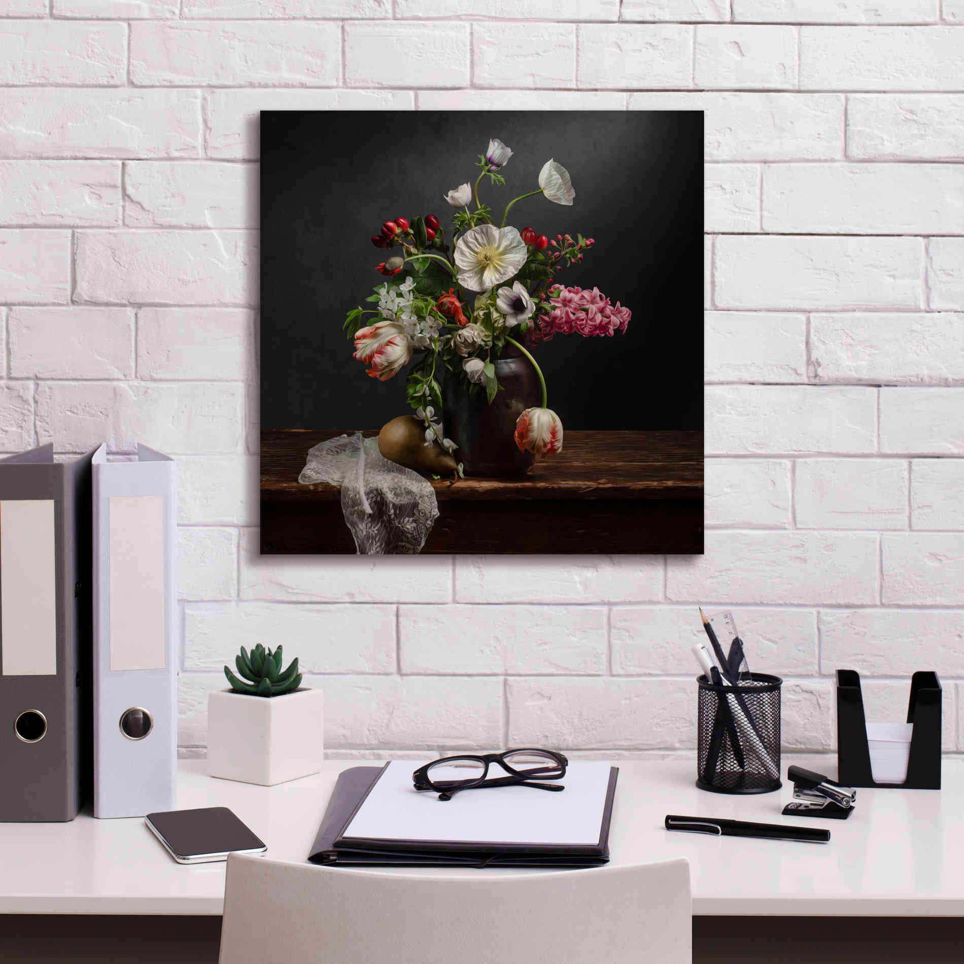 'Pear And Parrot Tulip Still Life' by Leah McLean Giclee Canvas Wall Art,18 x 18