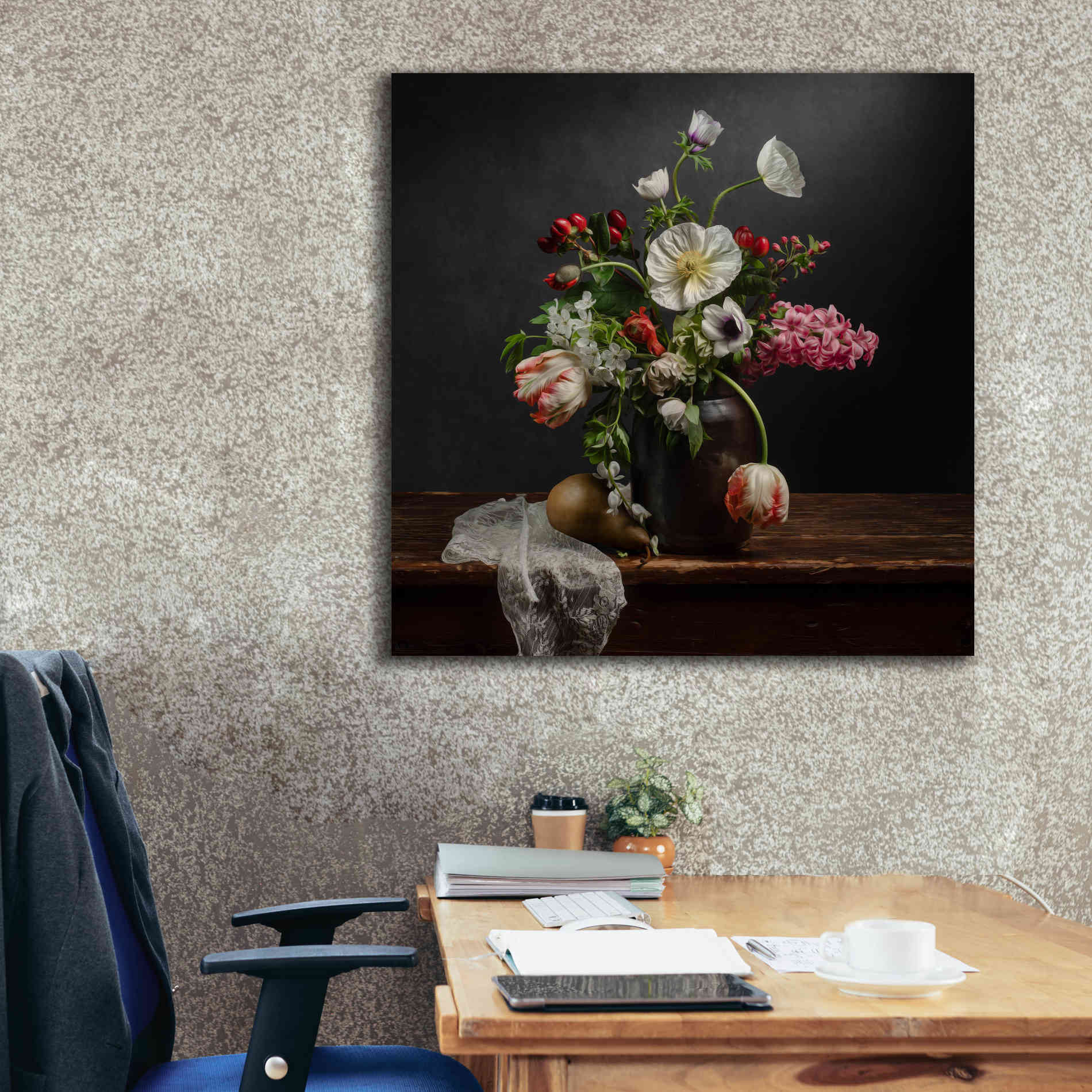 'Pear And Parrot Tulip Still Life' by Leah McLean Giclee Canvas Wall Art,37 x 37