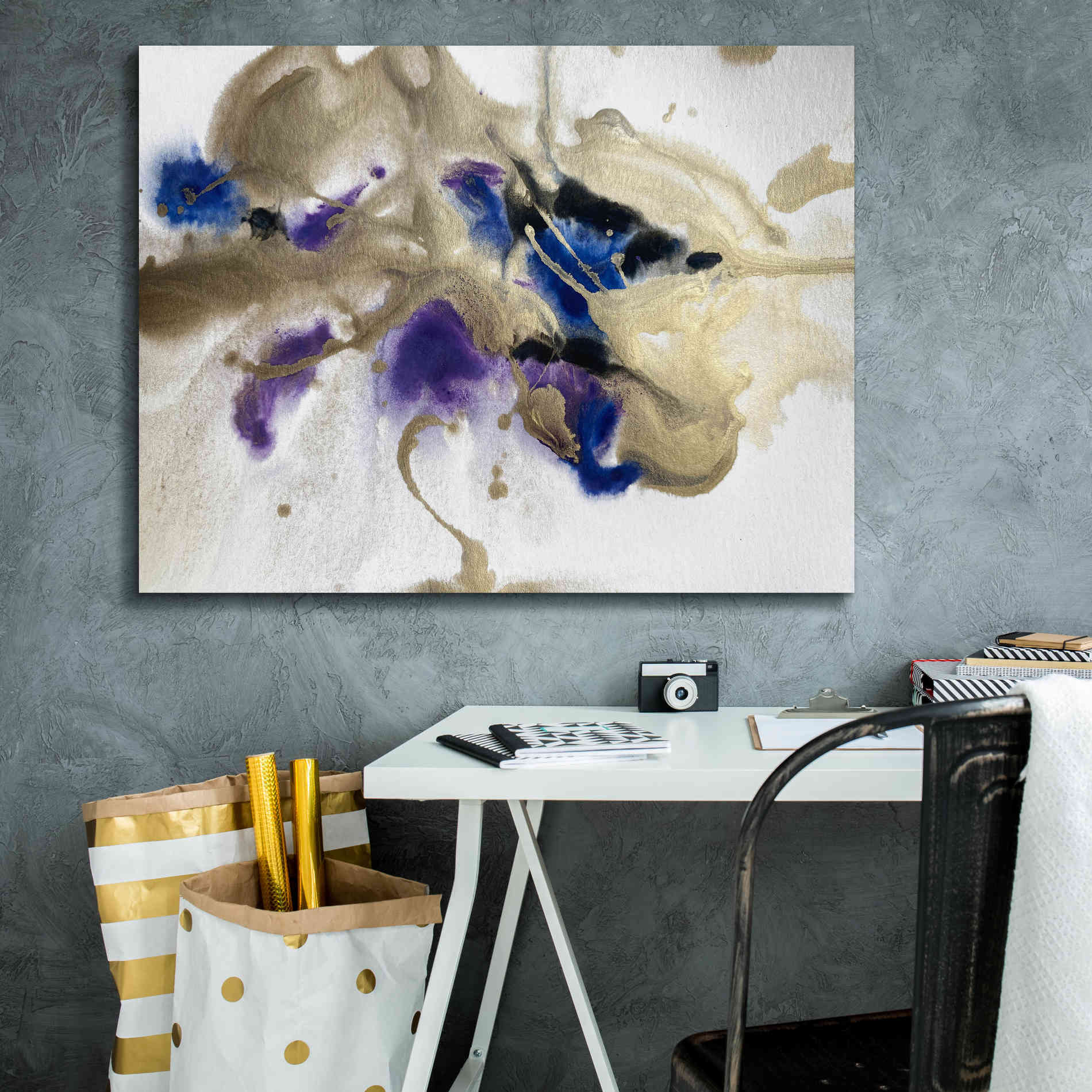 'Gold In Blue Watercolor Abstract 2' by Irena Orlov Giclee Canvas Wall Art,34 x 26