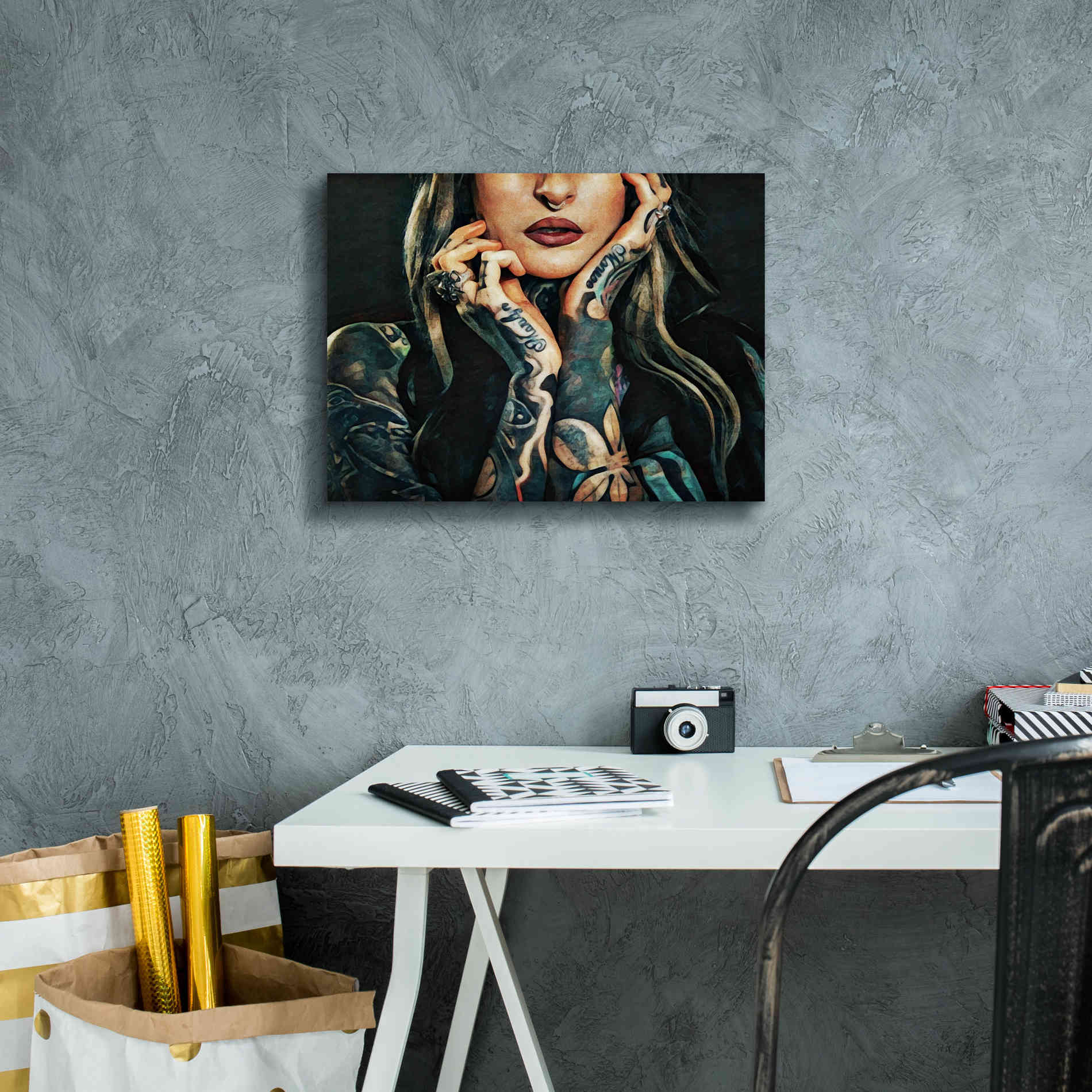 'Tattooed Temptress' by Ashley Aldridge Giclee Canvas Wall Art,16 x 12