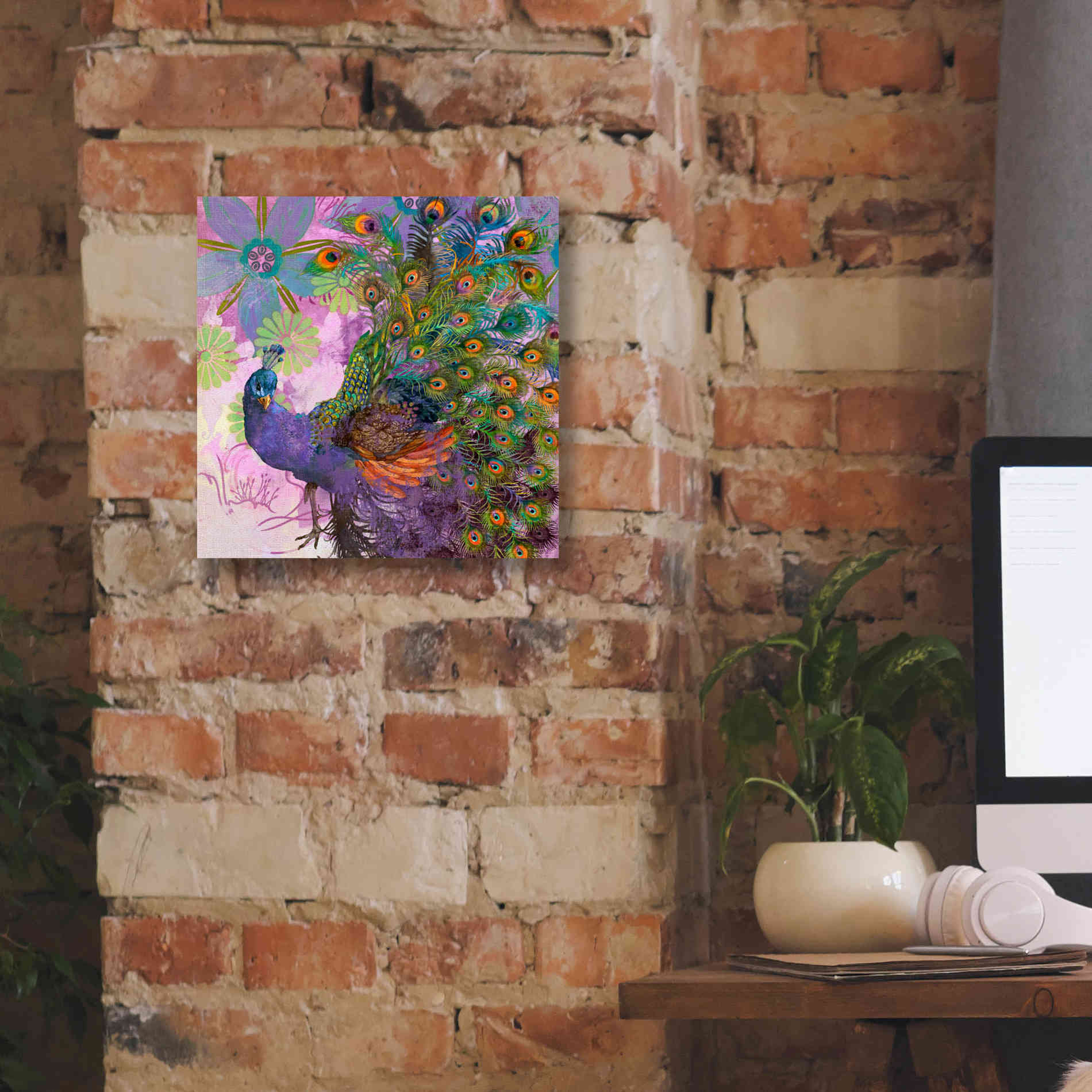 'Peacock Prance' by Evelia Designs Giclee Canvas Wall Art,12 x 12