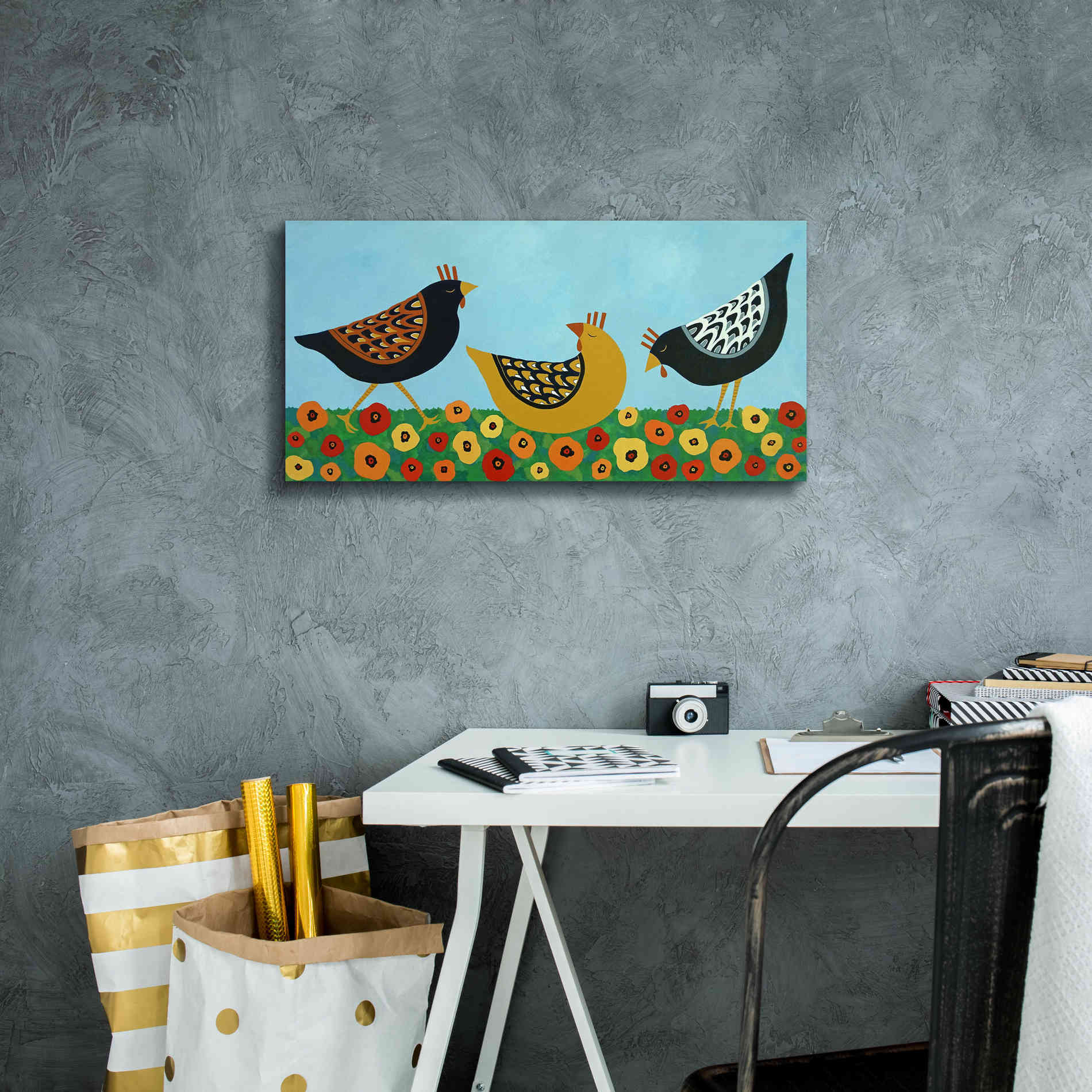'Hens and Poppies by Casey Craig Giclee Canvas Wall Art,24 x 12