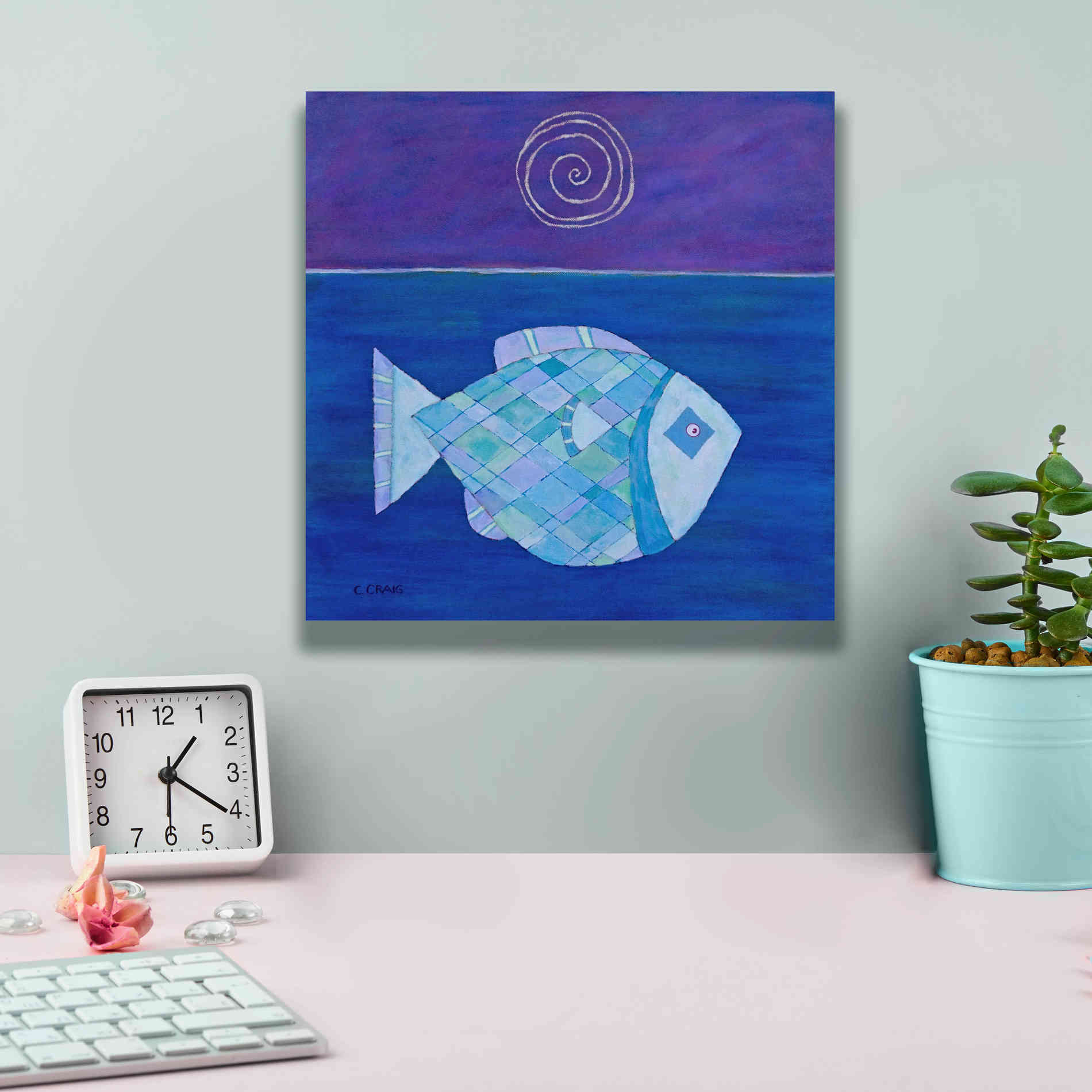 'Fish with Spiral Moon by Casey Craig Giclee Canvas Wall Art,12 x 12