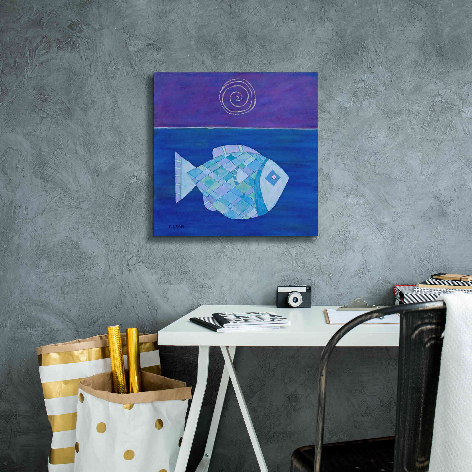 'Fish with Spiral Moon by Casey Craig Giclee Canvas Wall Art,18 x 18