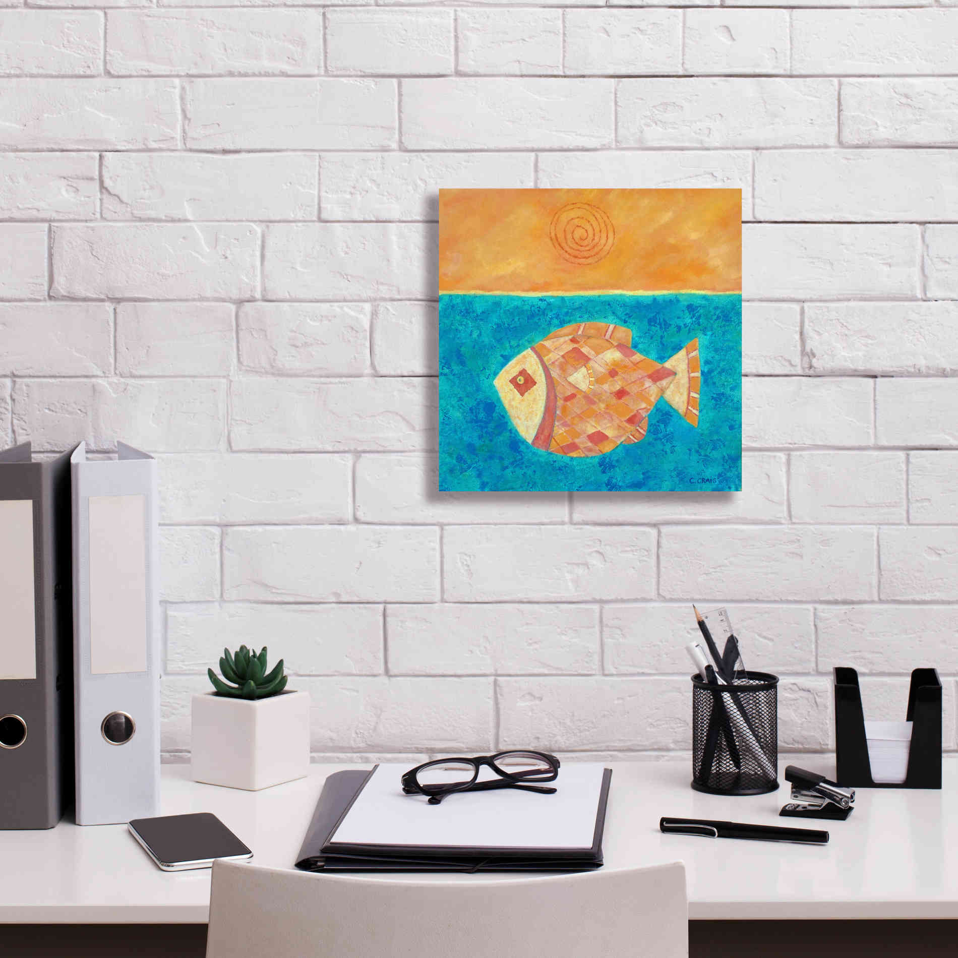 'Fish with Spiral Sun by Casey Craig Giclee Canvas Wall Art,12 x 12